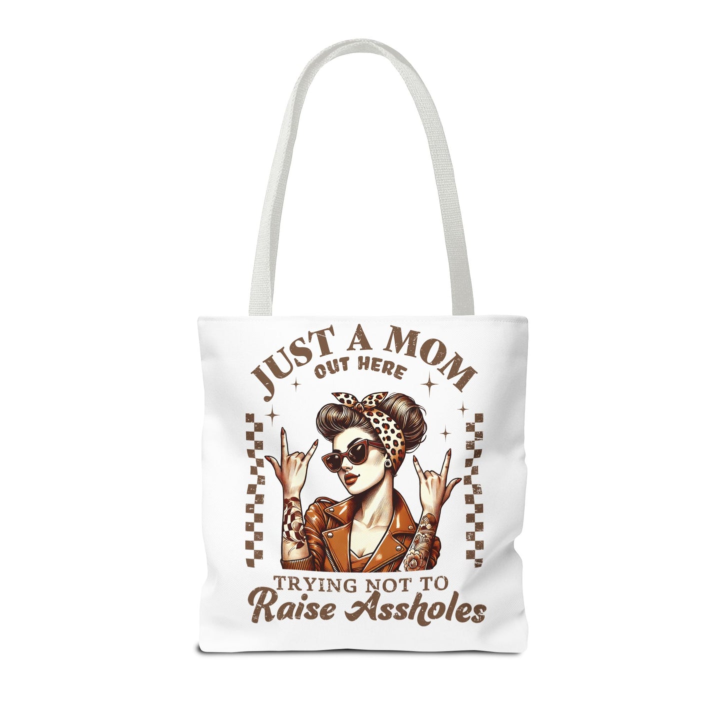 Funny Mom Tote Bag - Just a Mom Trying Not to Raise Assholes - Mother's Day Gift
