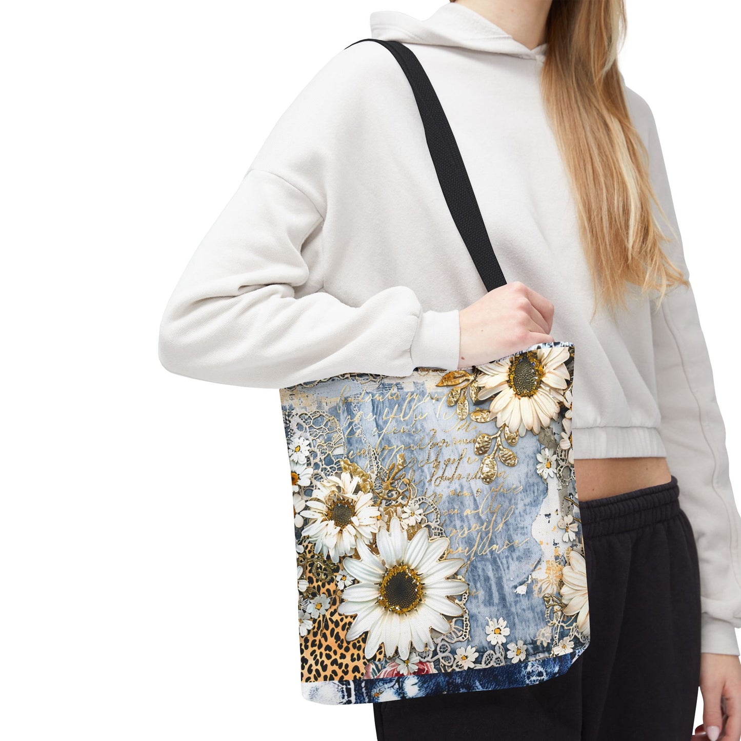 Chic Floral (Daisies and Sunflowers) Tote Bag with Leopard, Denim, and Lace Print - Stylish Everyday Accessory