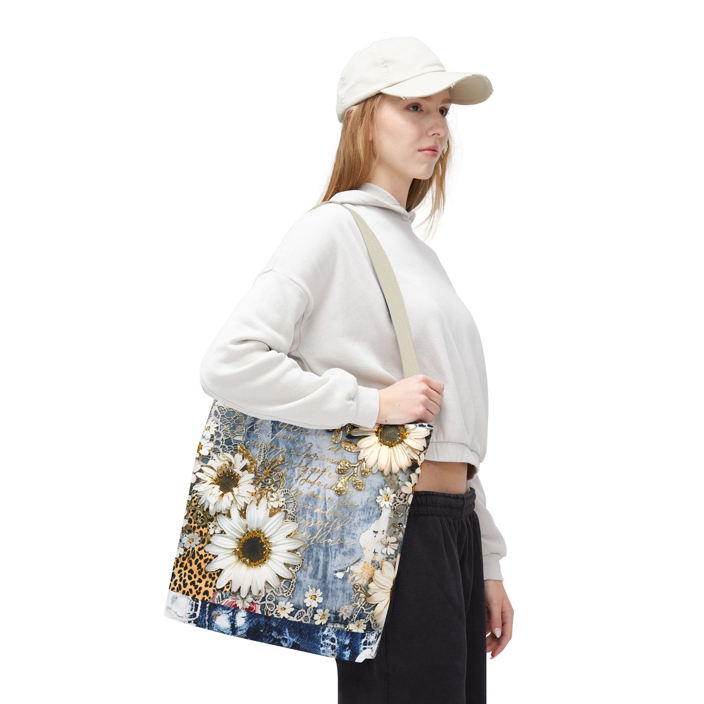 Chic Floral (Daisies and Sunflowers) Tote Bag with Leopard, Denim, and Lace Print - Stylish Everyday Accessory