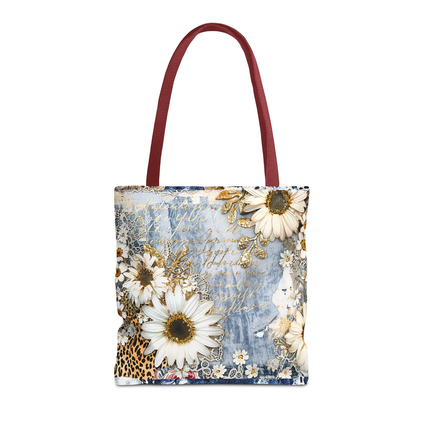 Chic Floral (Daisies and Sunflowers) Tote Bag with Leopard, Denim, and Lace Print - Stylish Everyday Accessory