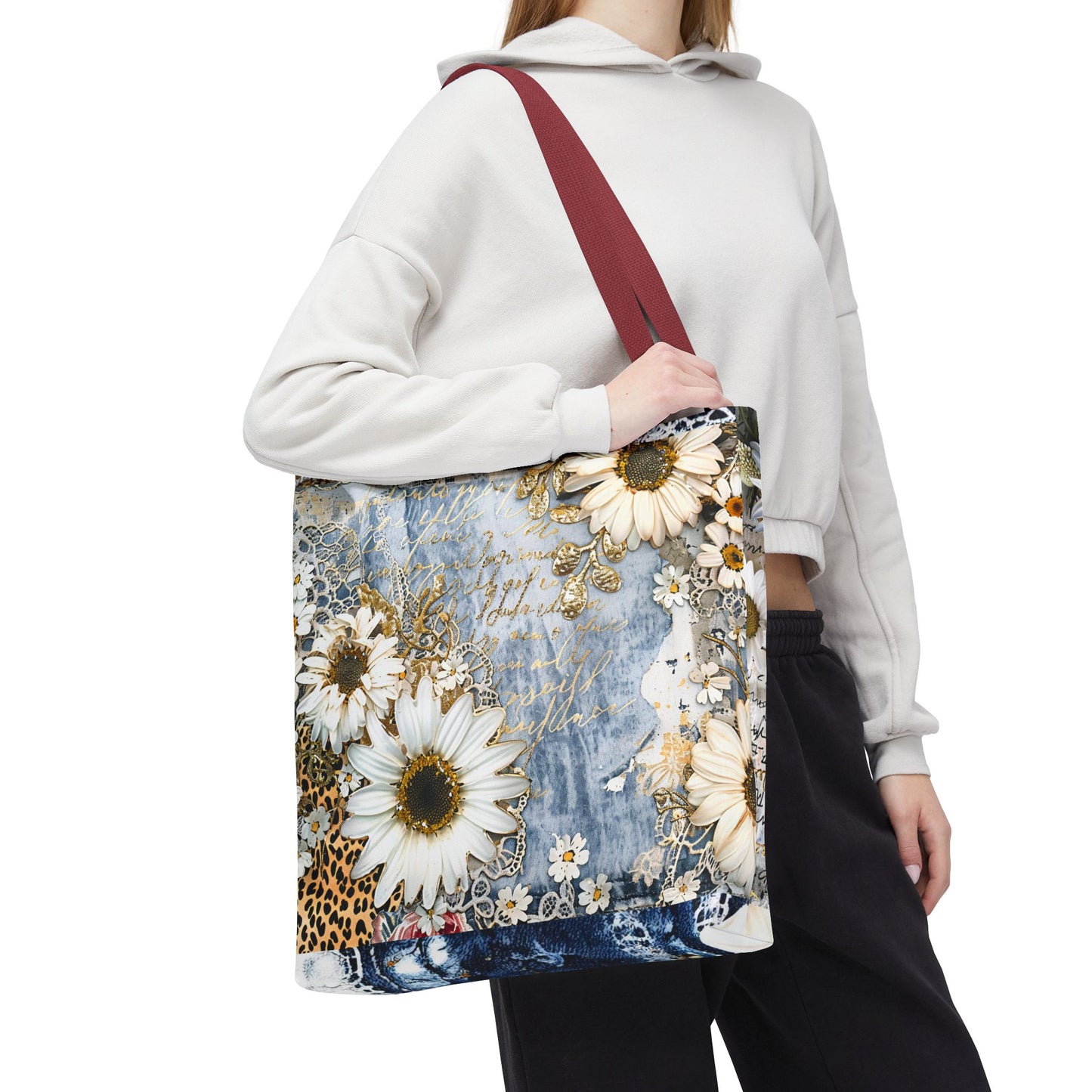 Chic Floral (Daisies and Sunflowers) Tote Bag with Leopard, Denim, and Lace Print - Stylish Everyday Accessory
