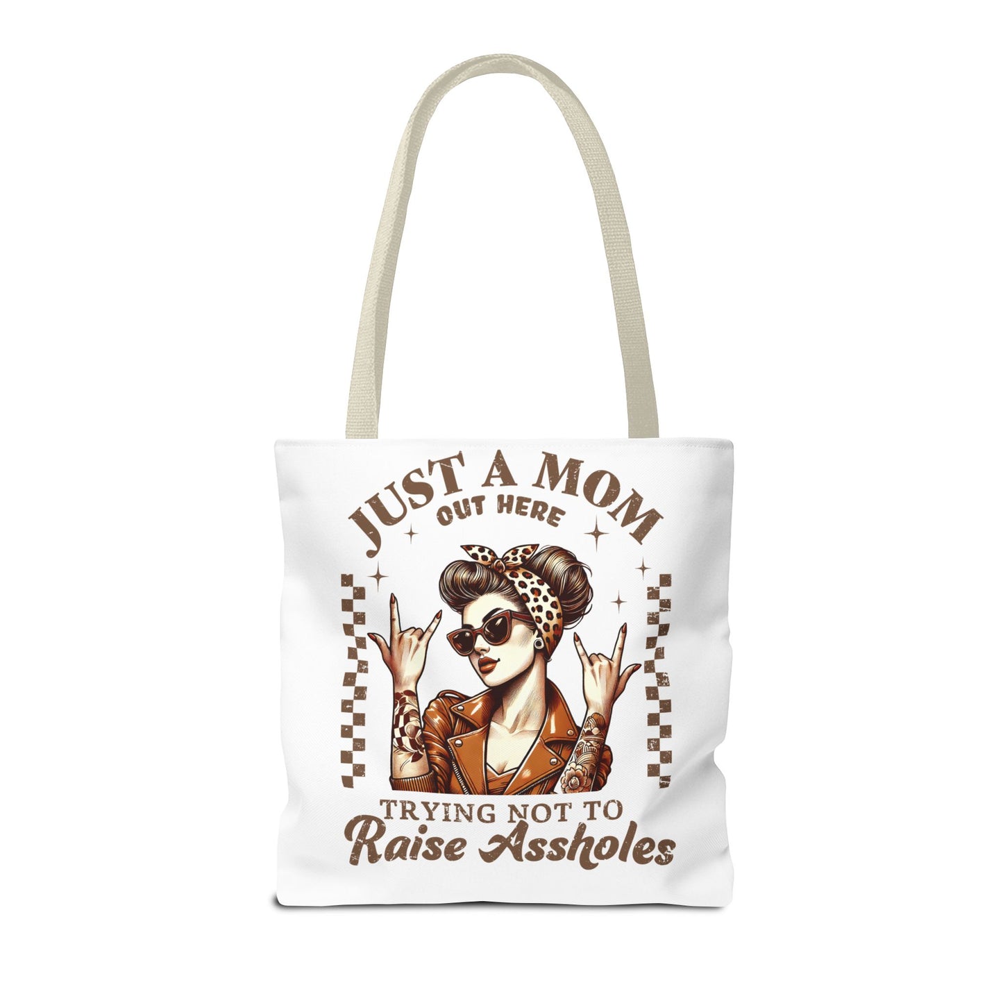 Funny Mom Tote Bag - Just a Mom Trying Not to Raise Assholes - Mother's Day Gift