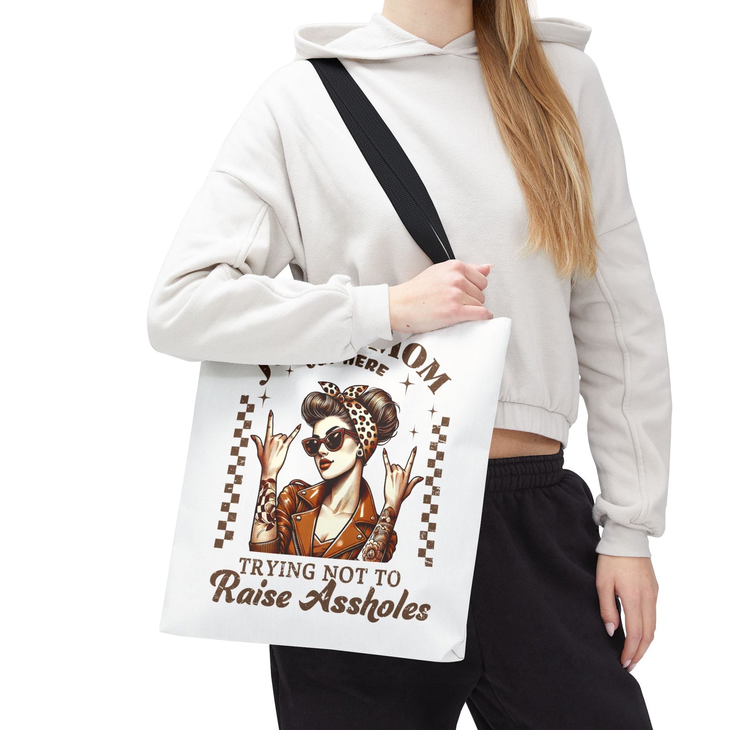 Funny Mom Tote Bag - Just a Mom Trying Not to Raise Assholes - Mother's Day Gift