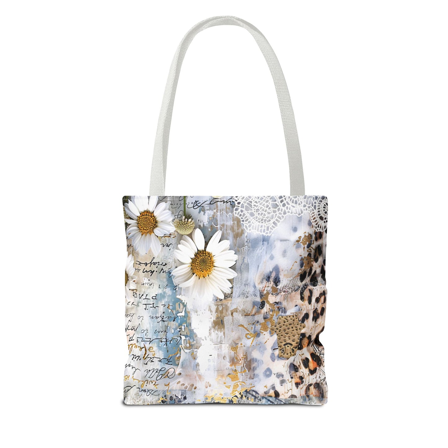 Chic Floral (Daisies and Sunflowers) Tote Bag with Leopard, Denim, and Lace Print - Stylish Everyday Accessory