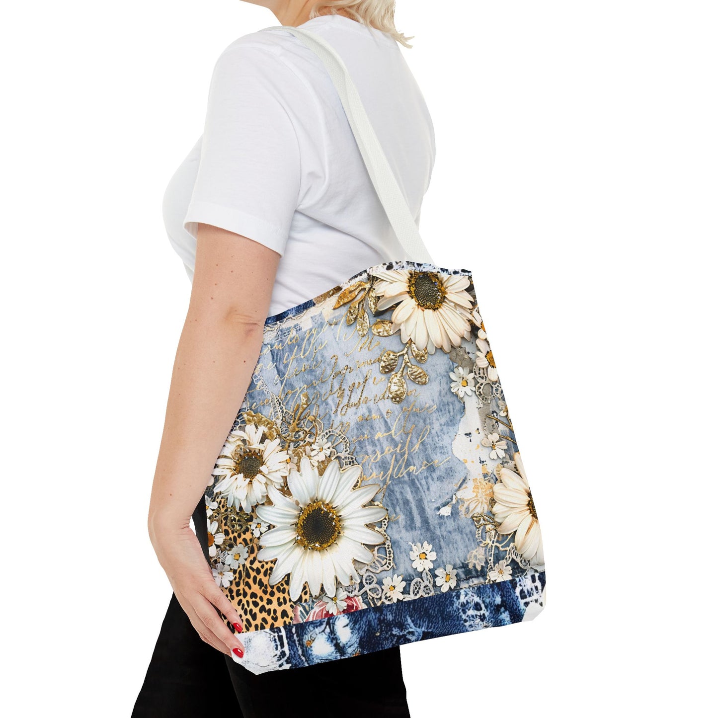 Chic Floral (Daisies and Sunflowers) Tote Bag with Leopard, Denim, and Lace Print - Stylish Everyday Accessory