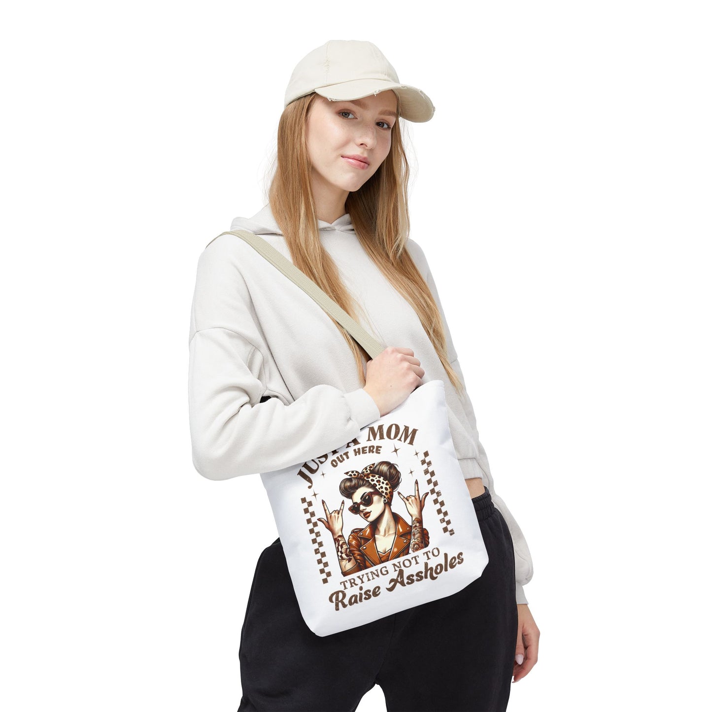 Funny Mom Tote Bag - Just a Mom Trying Not to Raise Assholes - Mother's Day Gift