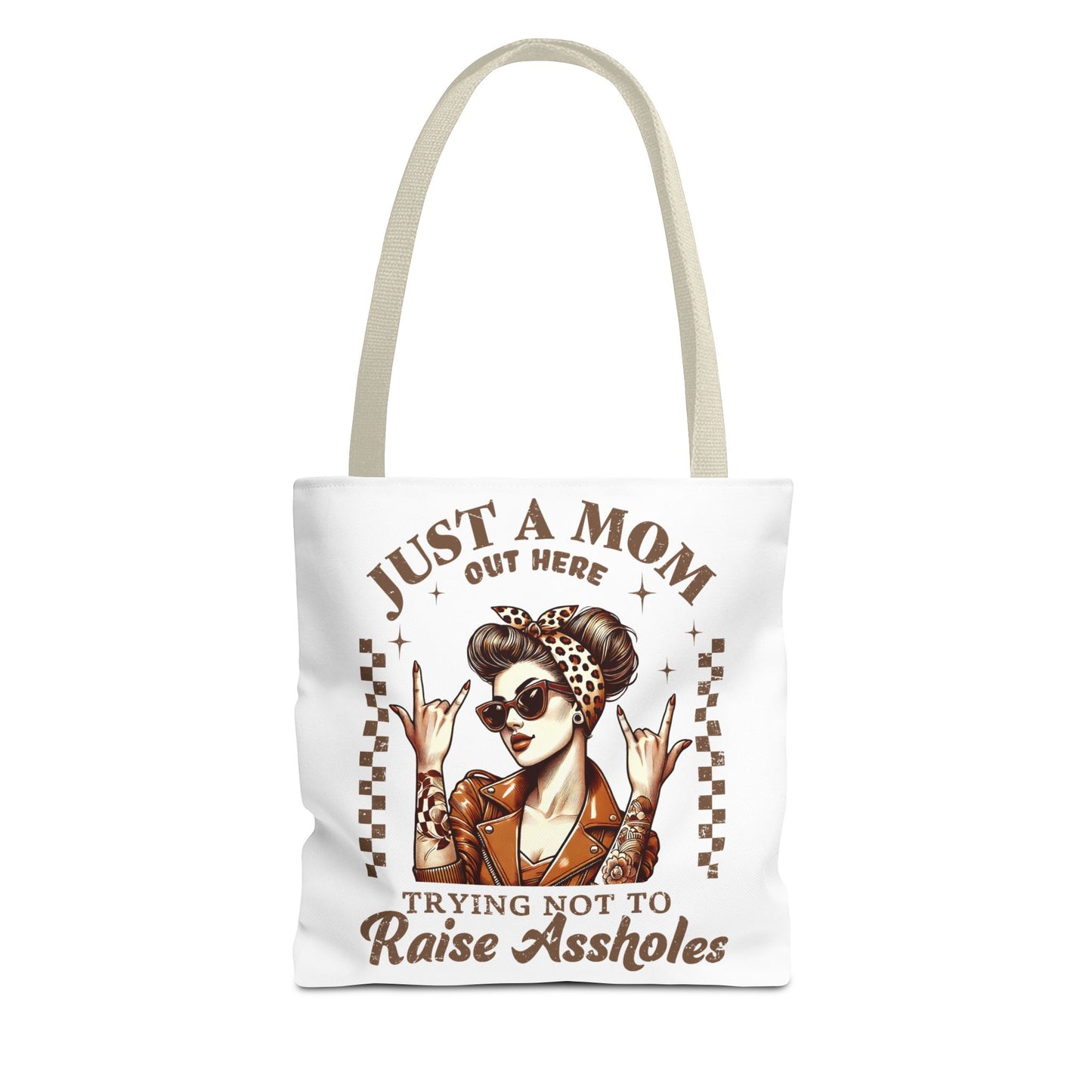 Funny Mom Tote Bag - Just a Mom Trying Not to Raise Assholes - Mother's Day Gift