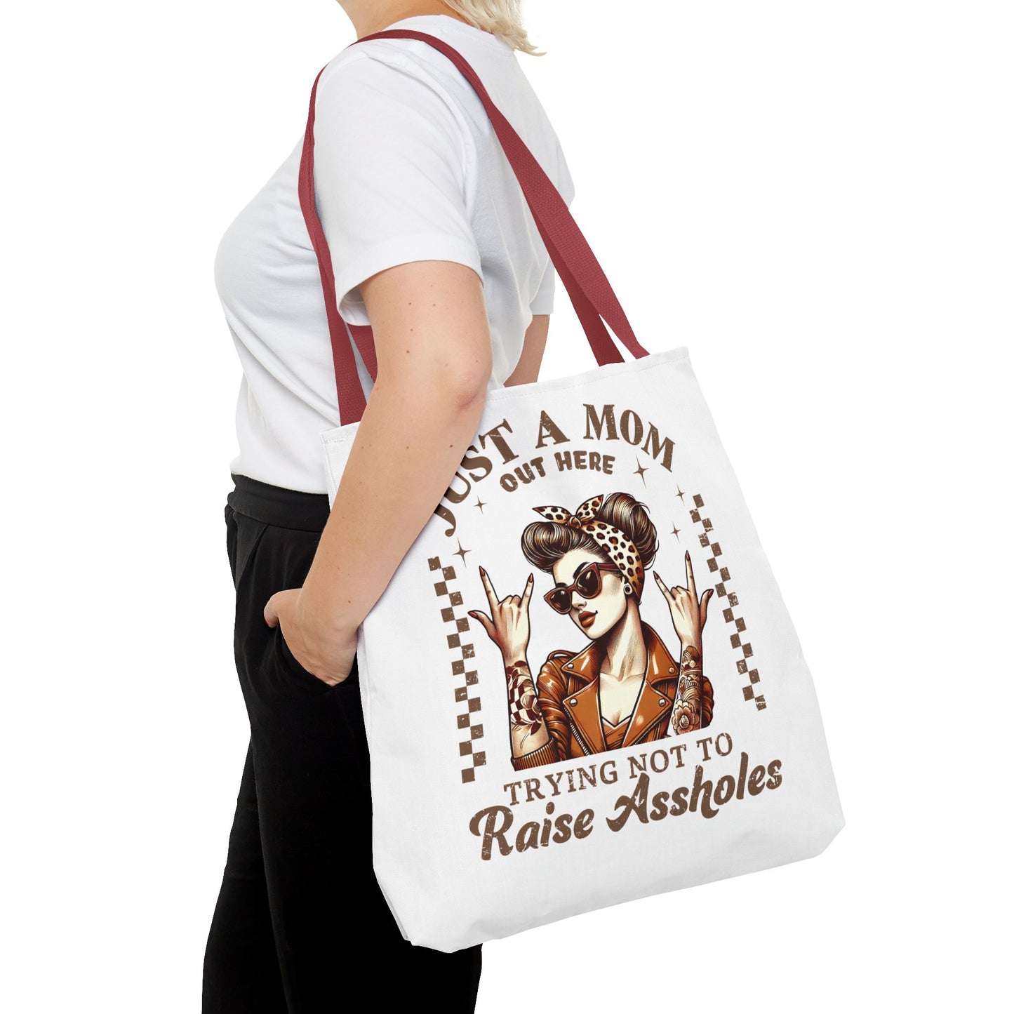 Funny Mom Tote Bag - Just a Mom Trying Not to Raise Assholes - Mother's Day Gift