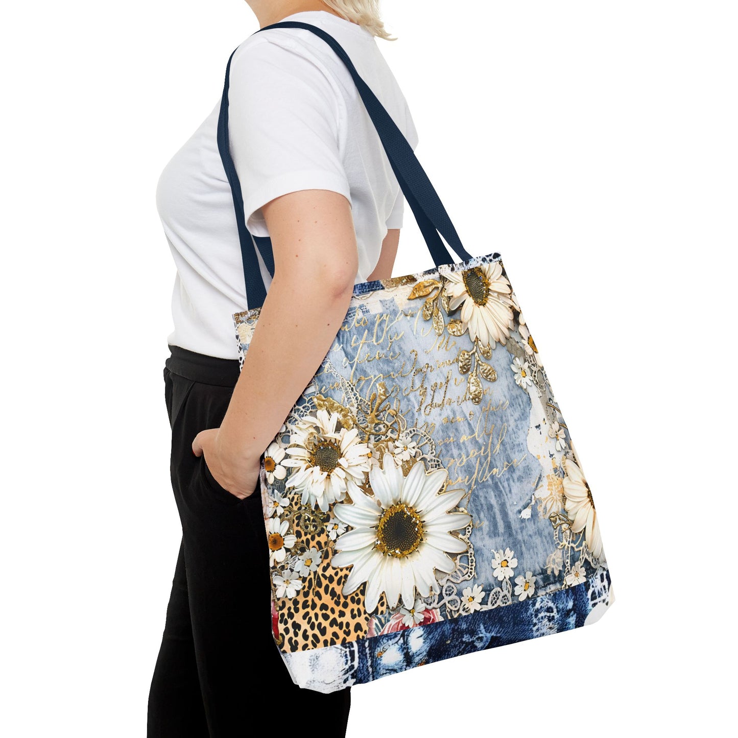 Chic Floral (Daisies and Sunflowers) Tote Bag with Leopard, Denim, and Lace Print - Stylish Everyday Accessory