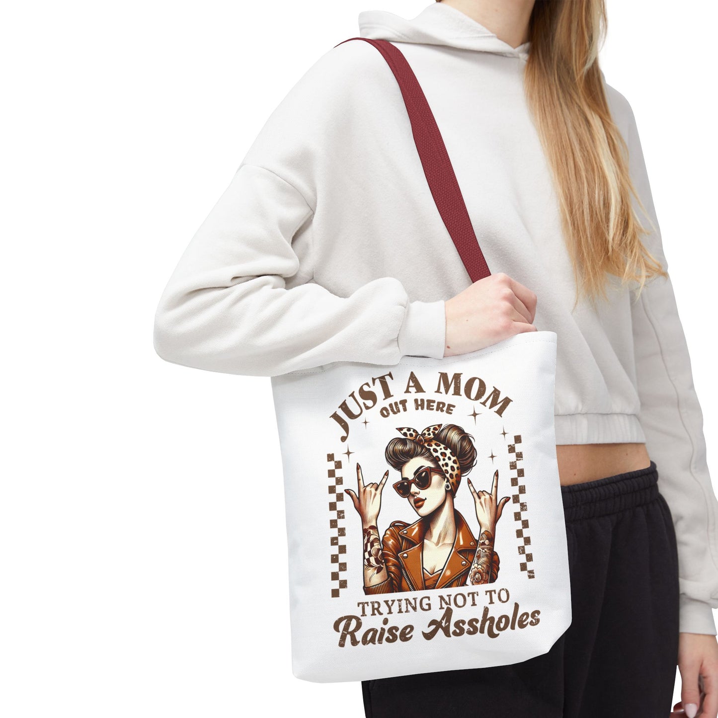 Funny Mom Tote Bag - Just a Mom Trying Not to Raise Assholes - Mother's Day Gift
