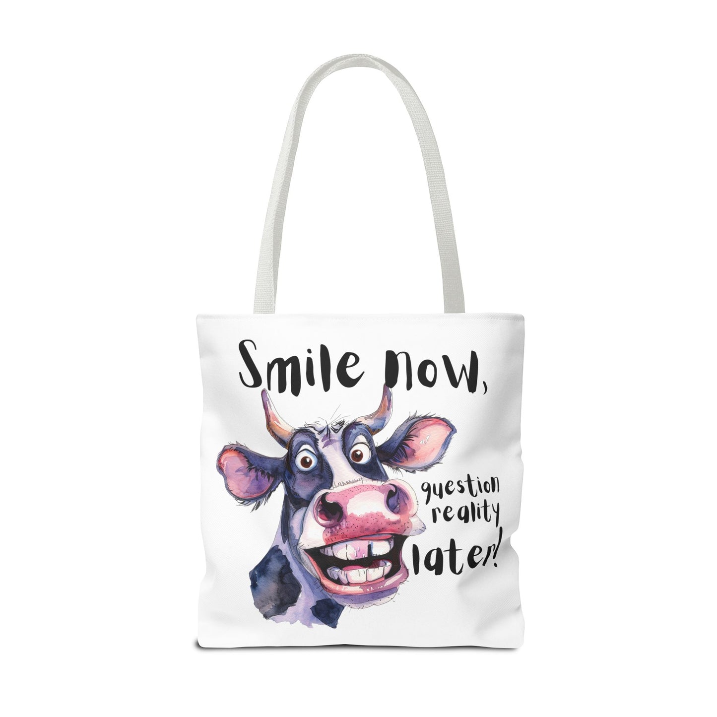 Funny Cow Tote Bag - 'Smile Now, Question Reality Later!' - Great Gift Idea, Mother's Day Gift