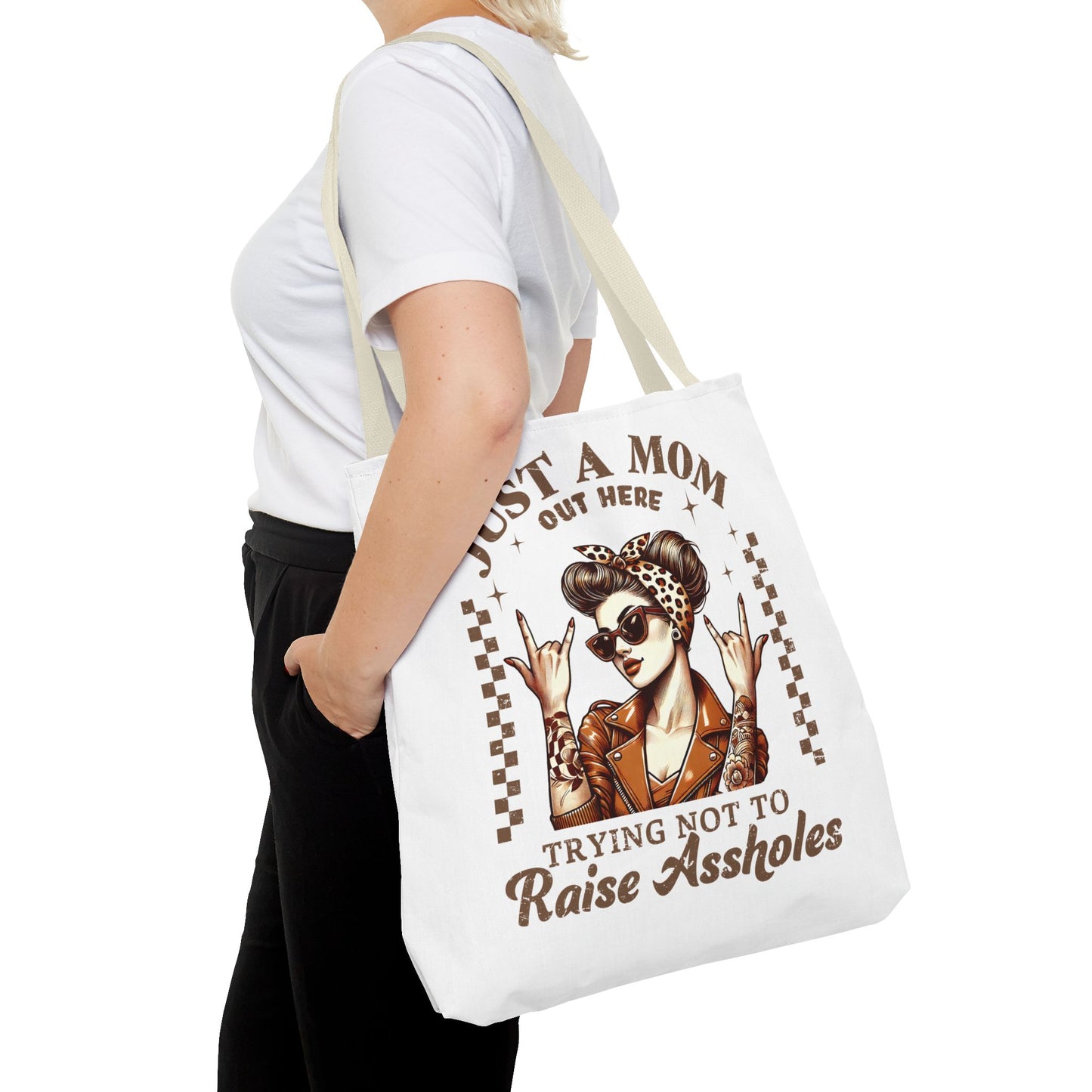 Funny Mom Tote Bag - Just a Mom Trying Not to Raise Assholes - Mother's Day Gift