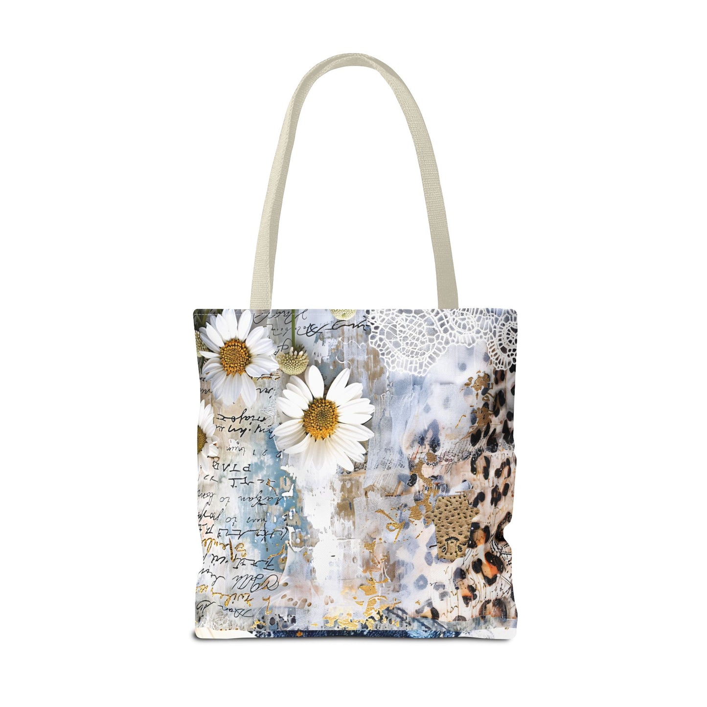 Chic Floral (Daisies and Sunflowers) Tote Bag with Leopard, Denim, and Lace Print - Stylish Everyday Accessory
