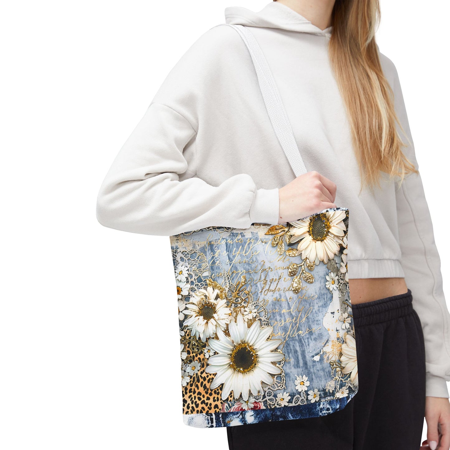 Chic Floral (Daisies and Sunflowers) Tote Bag with Leopard, Denim, and Lace Print - Stylish Everyday Accessory