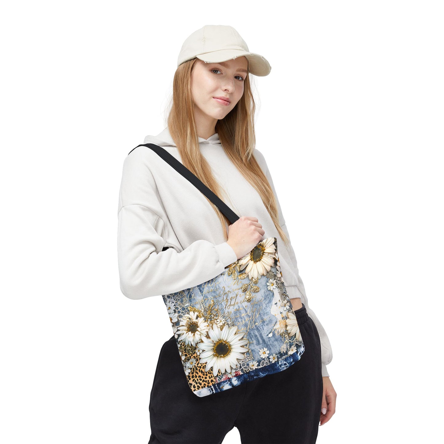 Chic Floral (Daisies and Sunflowers) Tote Bag with Leopard, Denim, and Lace Print - Stylish Everyday Accessory