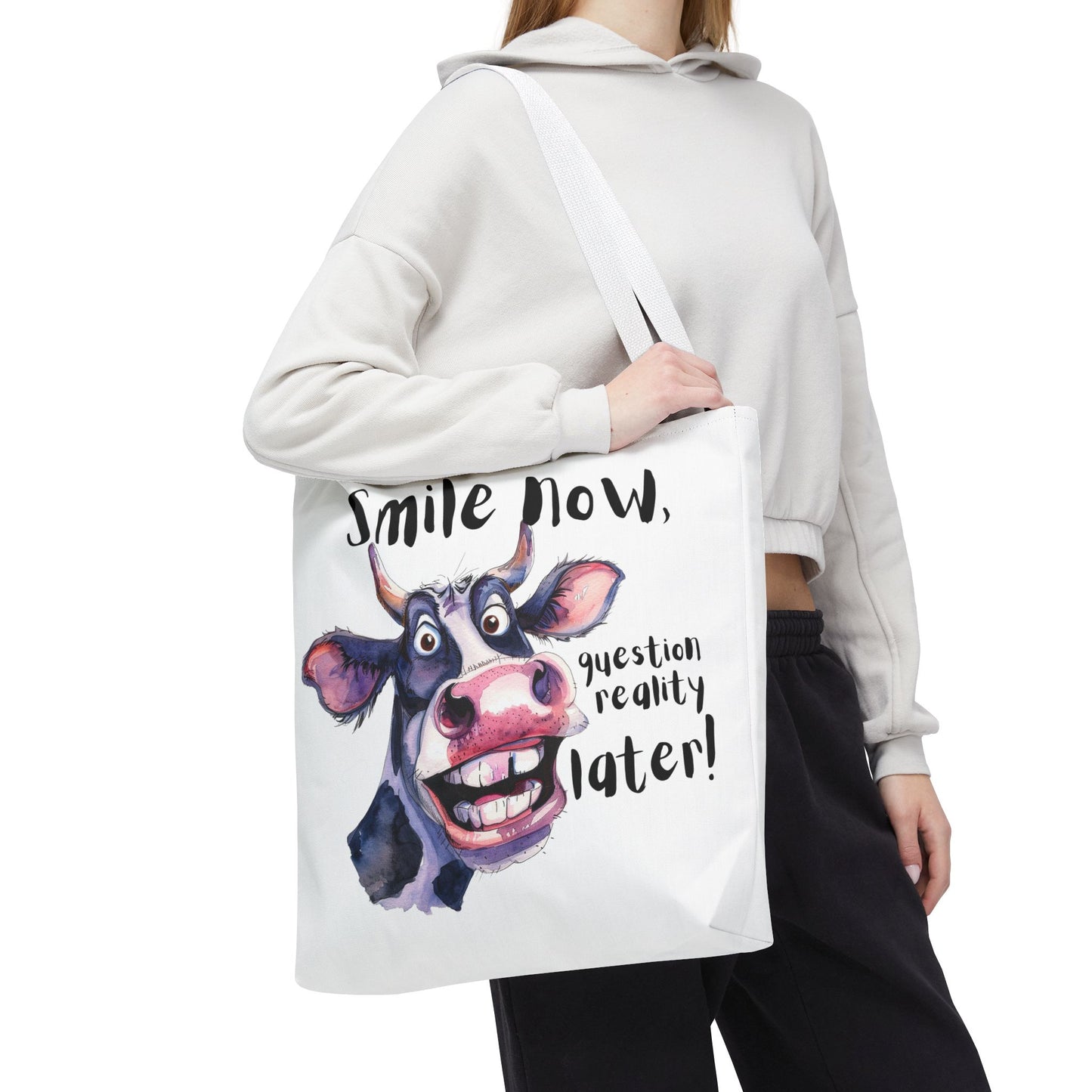 Funny Cow Tote Bag - 'Smile Now, Question Reality Later!' - Great Gift Idea, Mother's Day Gift