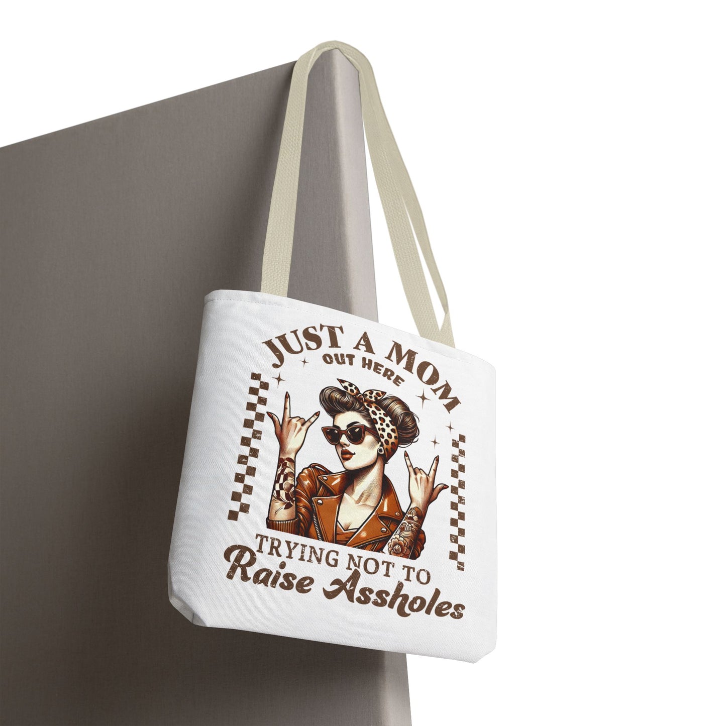 Funny Mom Tote Bag - Just a Mom Trying Not to Raise Assholes - Mother's Day Gift