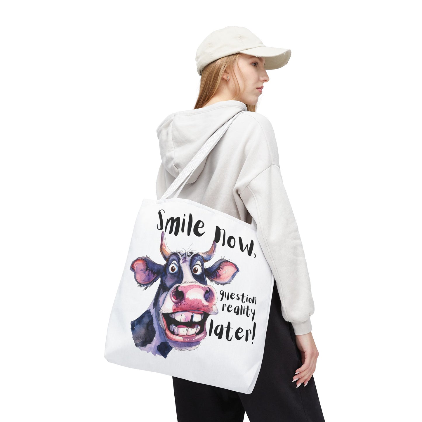 Funny Cow Tote Bag - 'Smile Now, Question Reality Later!' - Great Gift Idea, Mother's Day Gift