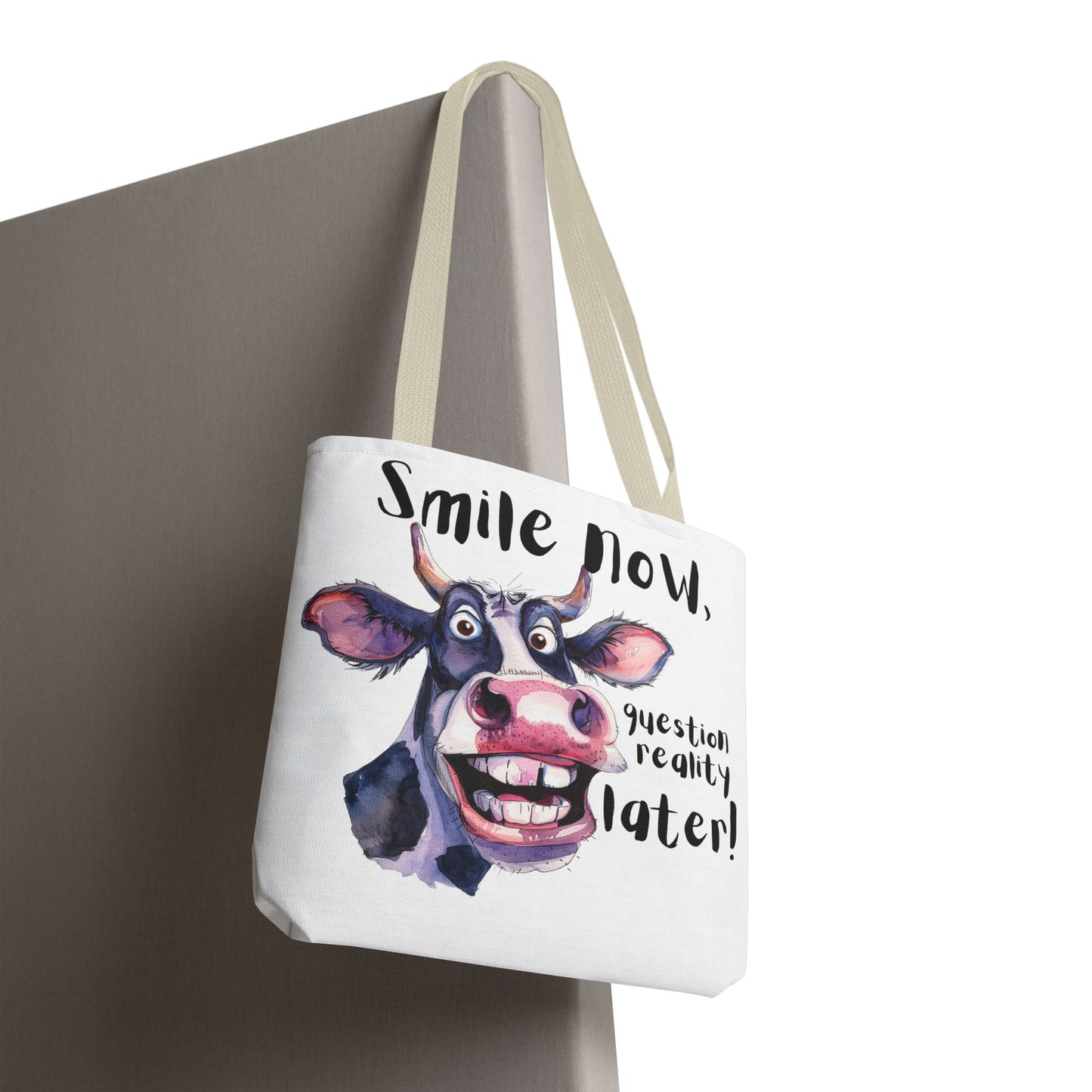 Funny Cow Tote Bag - 'Smile Now, Question Reality Later!' - Great Gift Idea, Mother's Day Gift