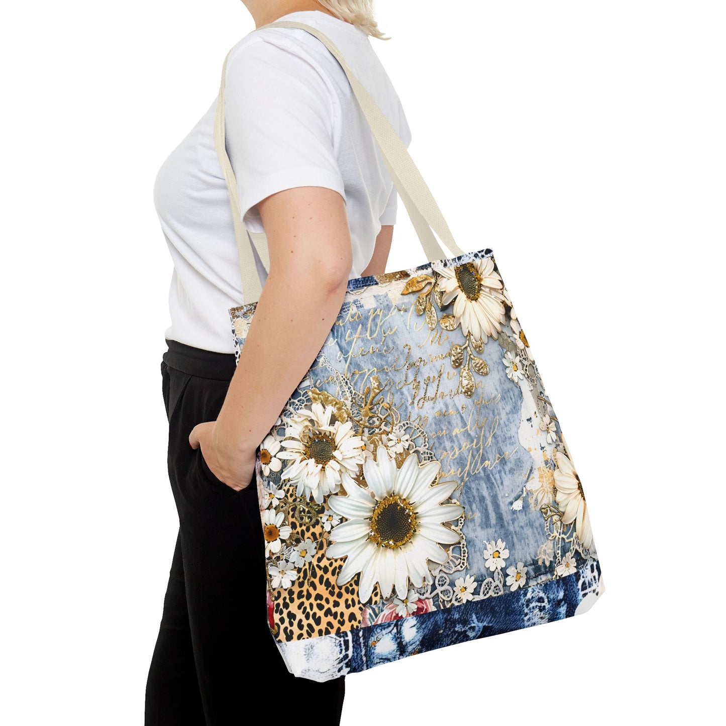 Chic Floral (Daisies and Sunflowers) Tote Bag with Leopard, Denim, and Lace Print - Stylish Everyday Accessory
