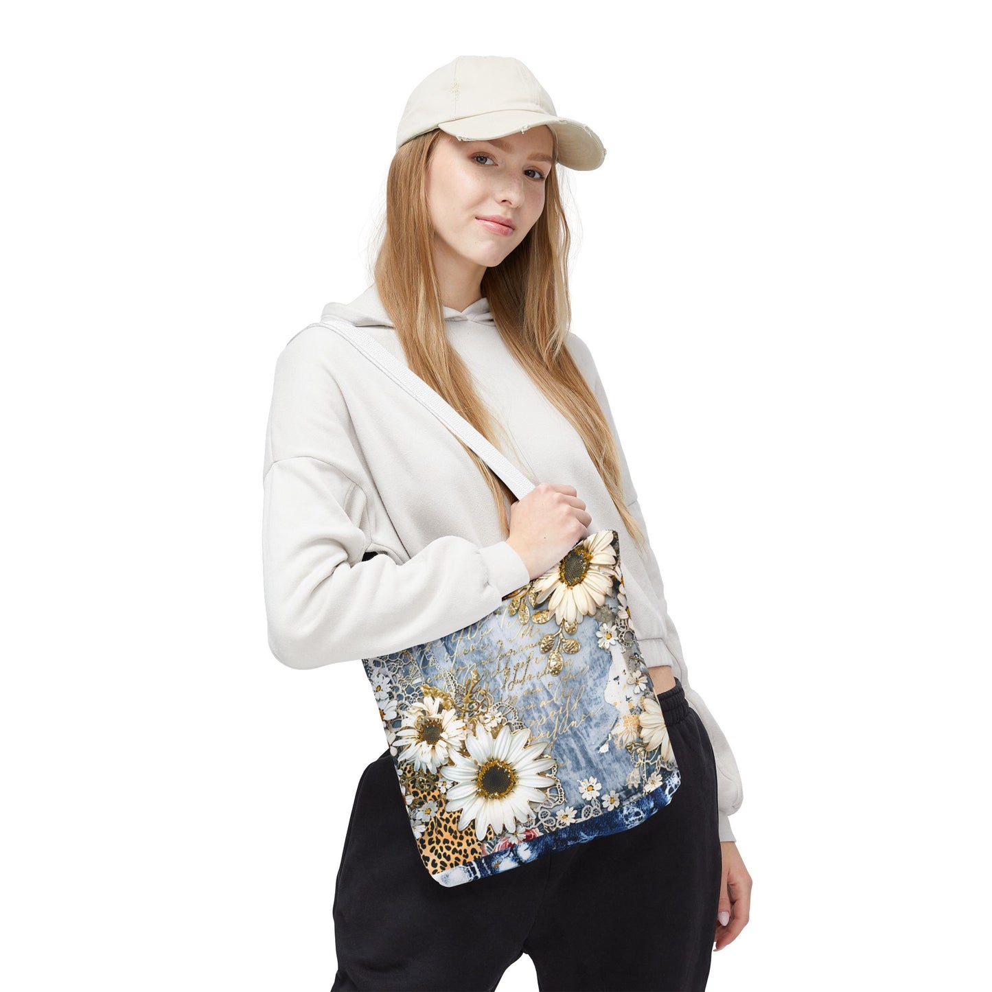 Chic Floral (Daisies and Sunflowers) Tote Bag with Leopard, Denim, and Lace Print - Stylish Everyday Accessory