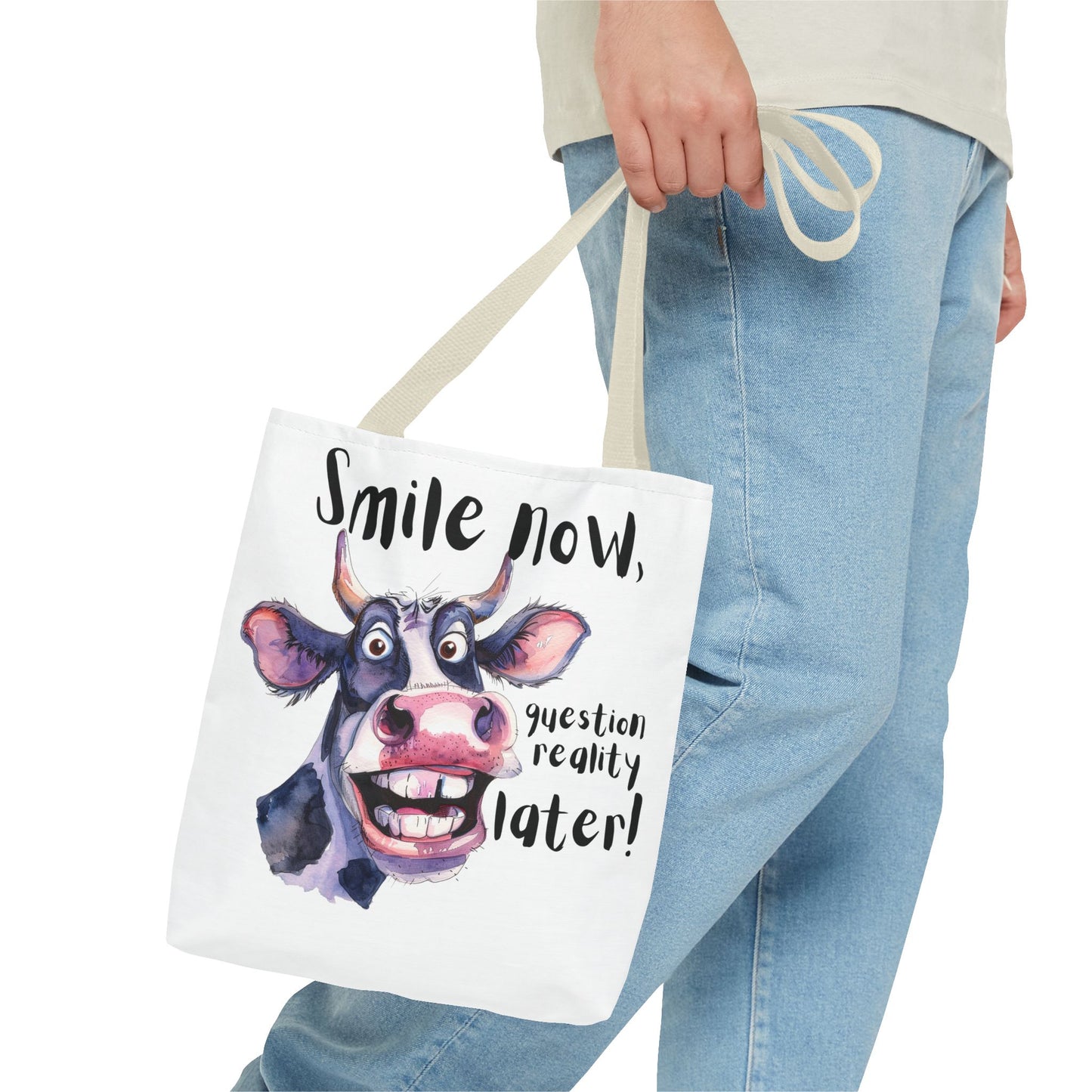 Funny Cow Tote Bag - 'Smile Now, Question Reality Later!' - Great Gift Idea, Mother's Day Gift