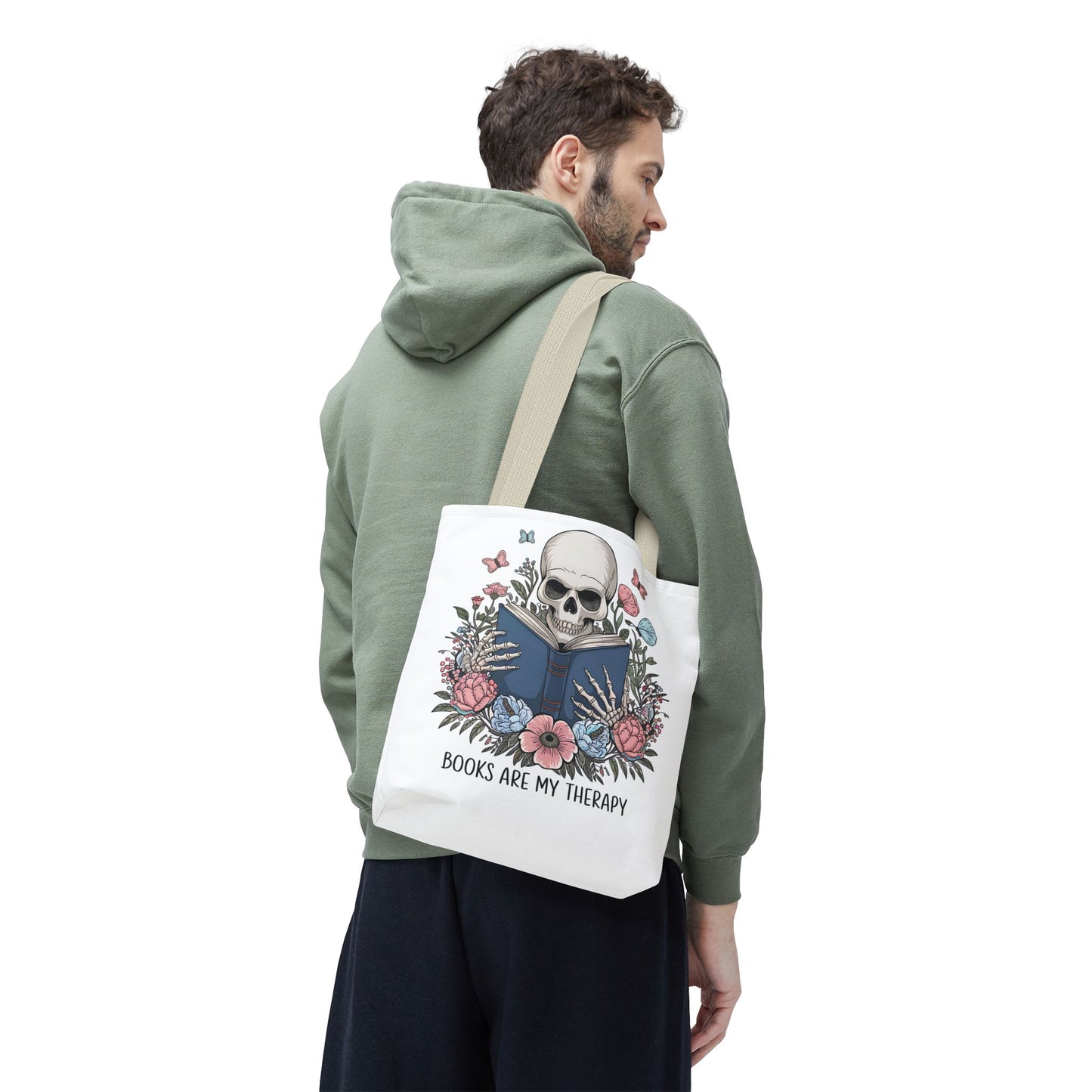 Books Are My Therapy- Skeleton Floral Tote Bag - Perfect Gift for Book Lovers