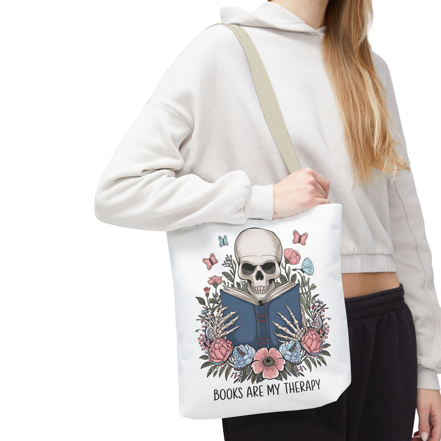 Books Are My Therapy- Skeleton Floral Tote Bag - Perfect Gift for Book Lovers