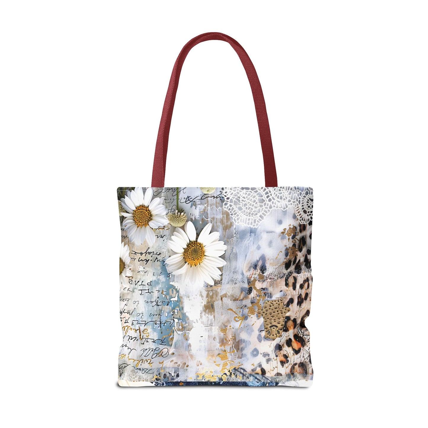 Chic Floral (Daisies and Sunflowers) Tote Bag with Leopard, Denim, and Lace Print - Stylish Everyday Accessory