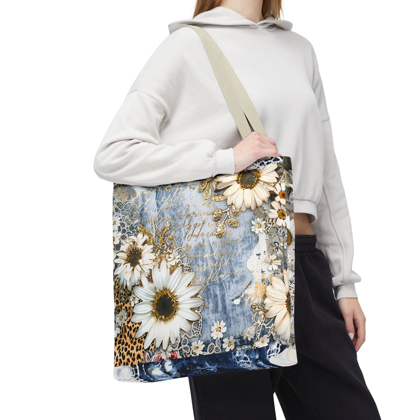 Chic Floral (Daisies and Sunflowers) Tote Bag with Leopard, Denim, and Lace Print - Stylish Everyday Accessory