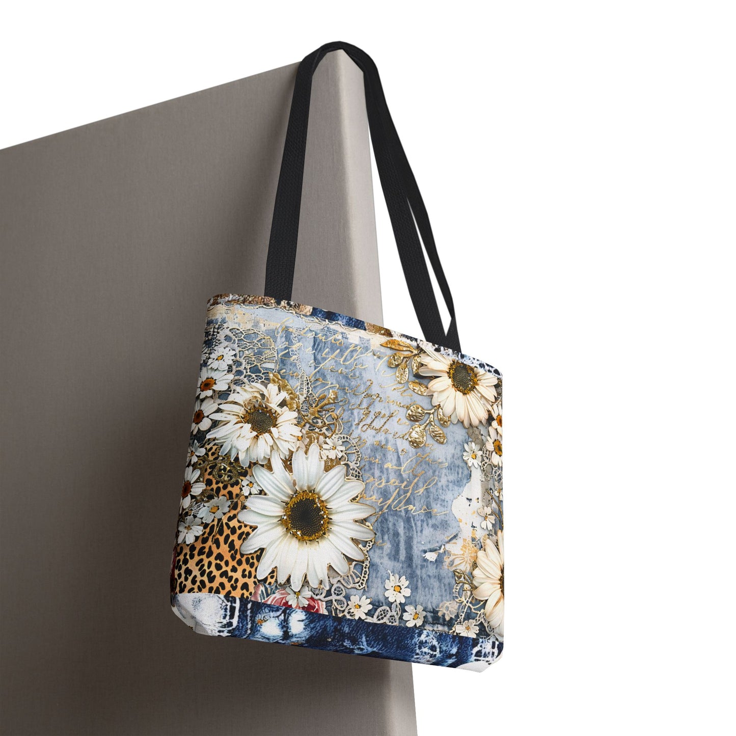 Chic Floral (Daisies and Sunflowers) Tote Bag with Leopard, Denim, and Lace Print - Stylish Everyday Accessory