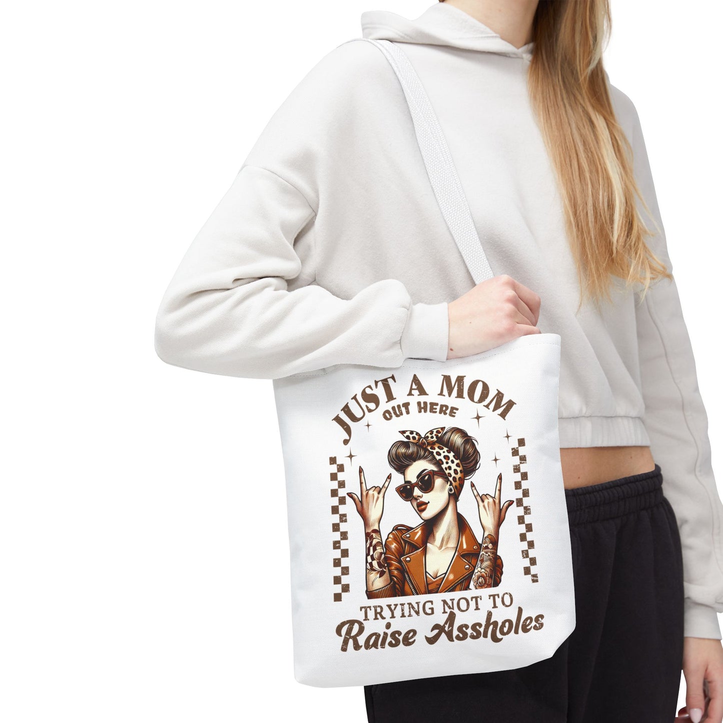 Funny Mom Tote Bag - Just a Mom Trying Not to Raise Assholes - Mother's Day Gift
