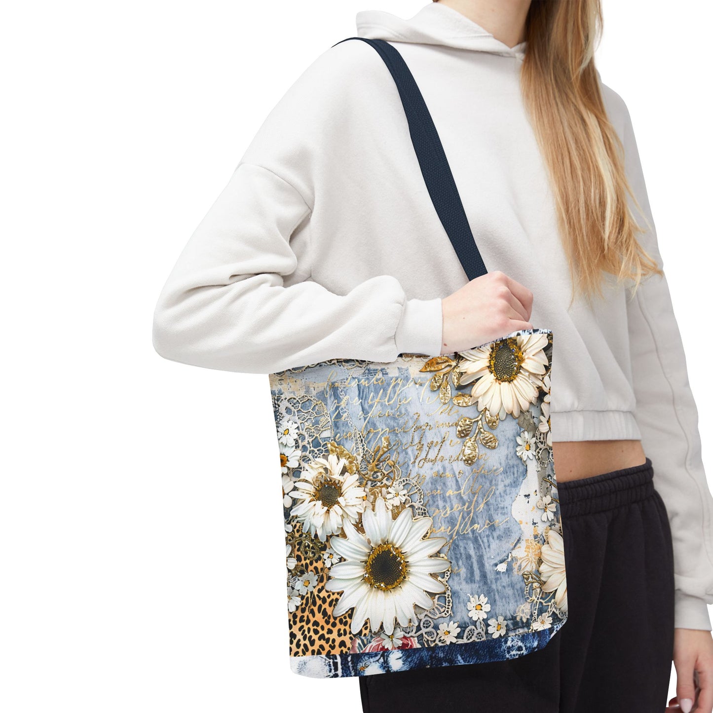 Chic Floral (Daisies and Sunflowers) Tote Bag with Leopard, Denim, and Lace Print - Stylish Everyday Accessory