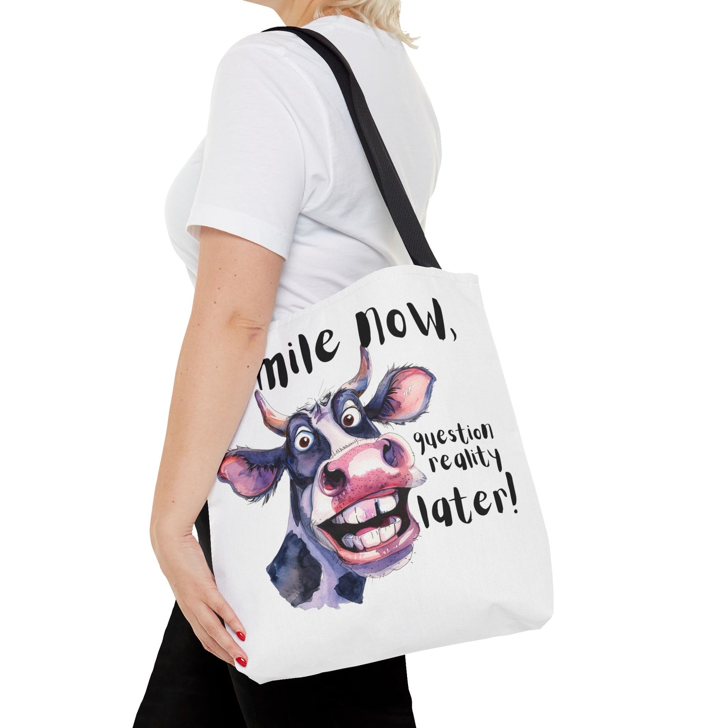 Funny Cow Tote Bag - 'Smile Now, Question Reality Later!' - Great Gift Idea, Mother's Day Gift