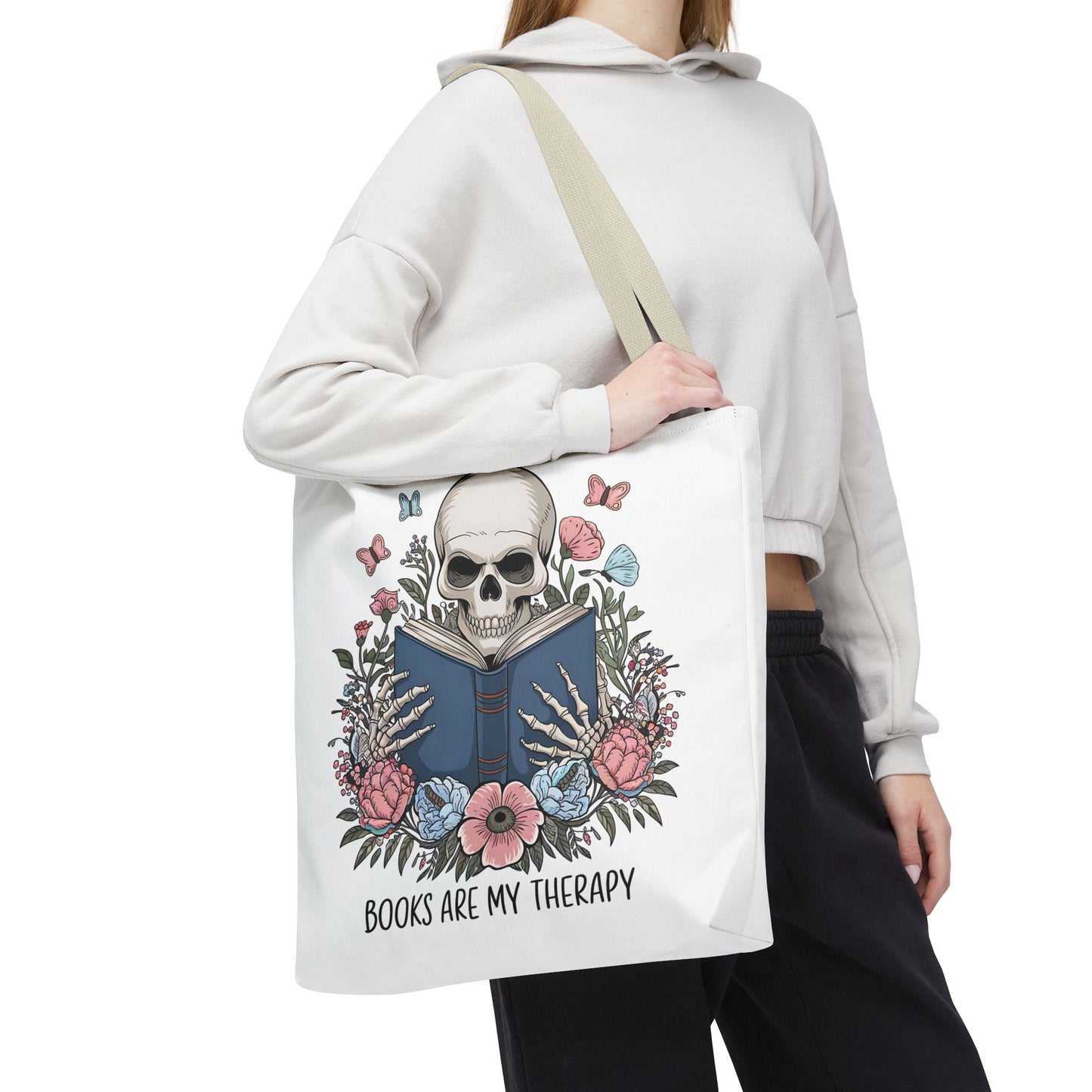 Books Are My Therapy- Skeleton Floral Tote Bag - Perfect Gift for Book Lovers