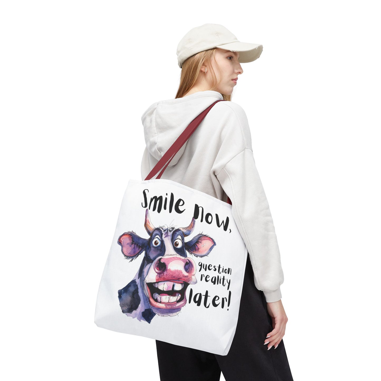 Funny Cow Tote Bag - 'Smile Now, Question Reality Later!' - Great Gift Idea, Mother's Day Gift