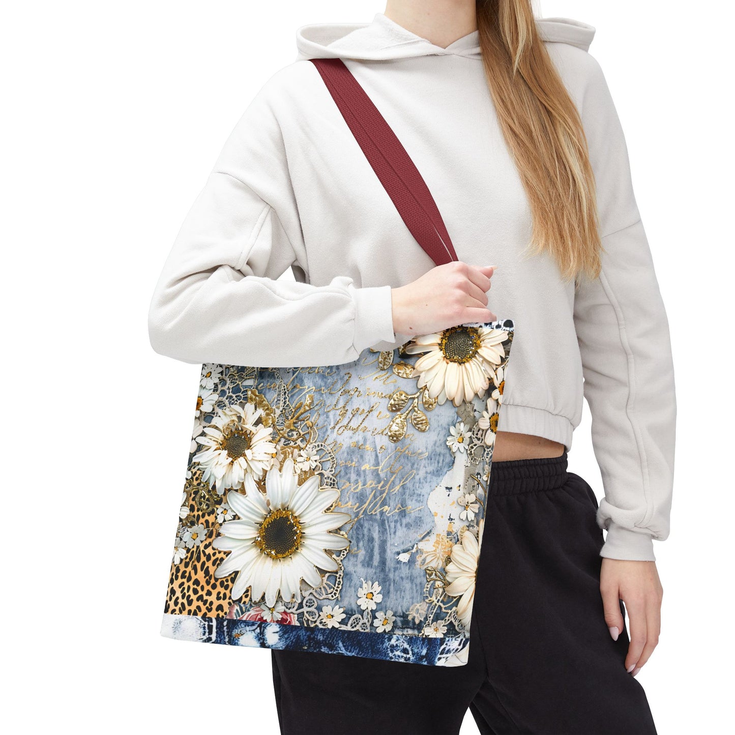 Chic Floral (Daisies and Sunflowers) Tote Bag with Leopard, Denim, and Lace Print - Stylish Everyday Accessory