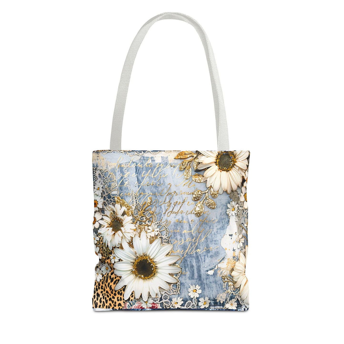 Chic Floral (Daisies and Sunflowers) Tote Bag with Leopard, Denim, and Lace Print - Stylish Everyday Accessory