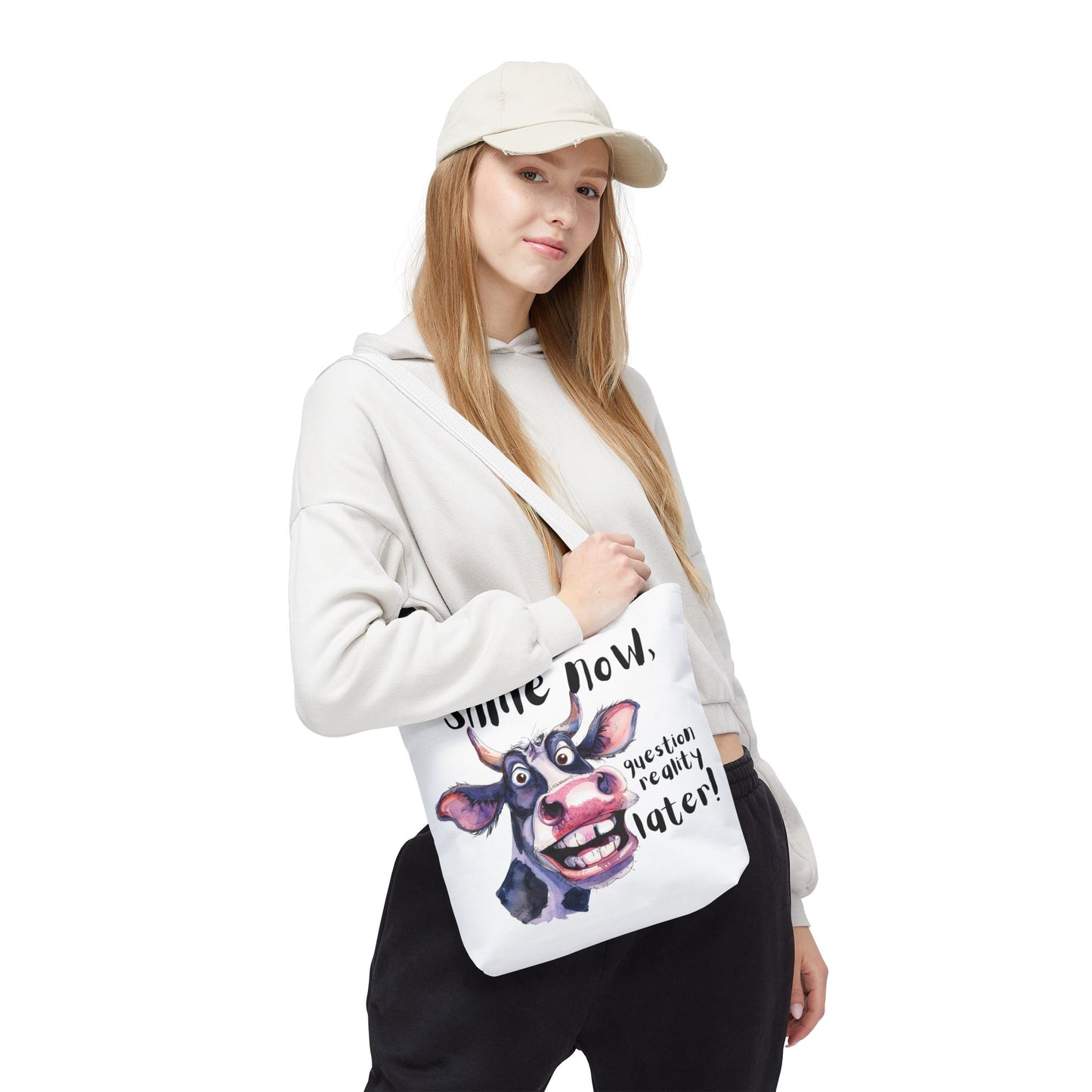 Funny Cow Tote Bag - 'Smile Now, Question Reality Later!' - Great Gift Idea, Mother's Day Gift