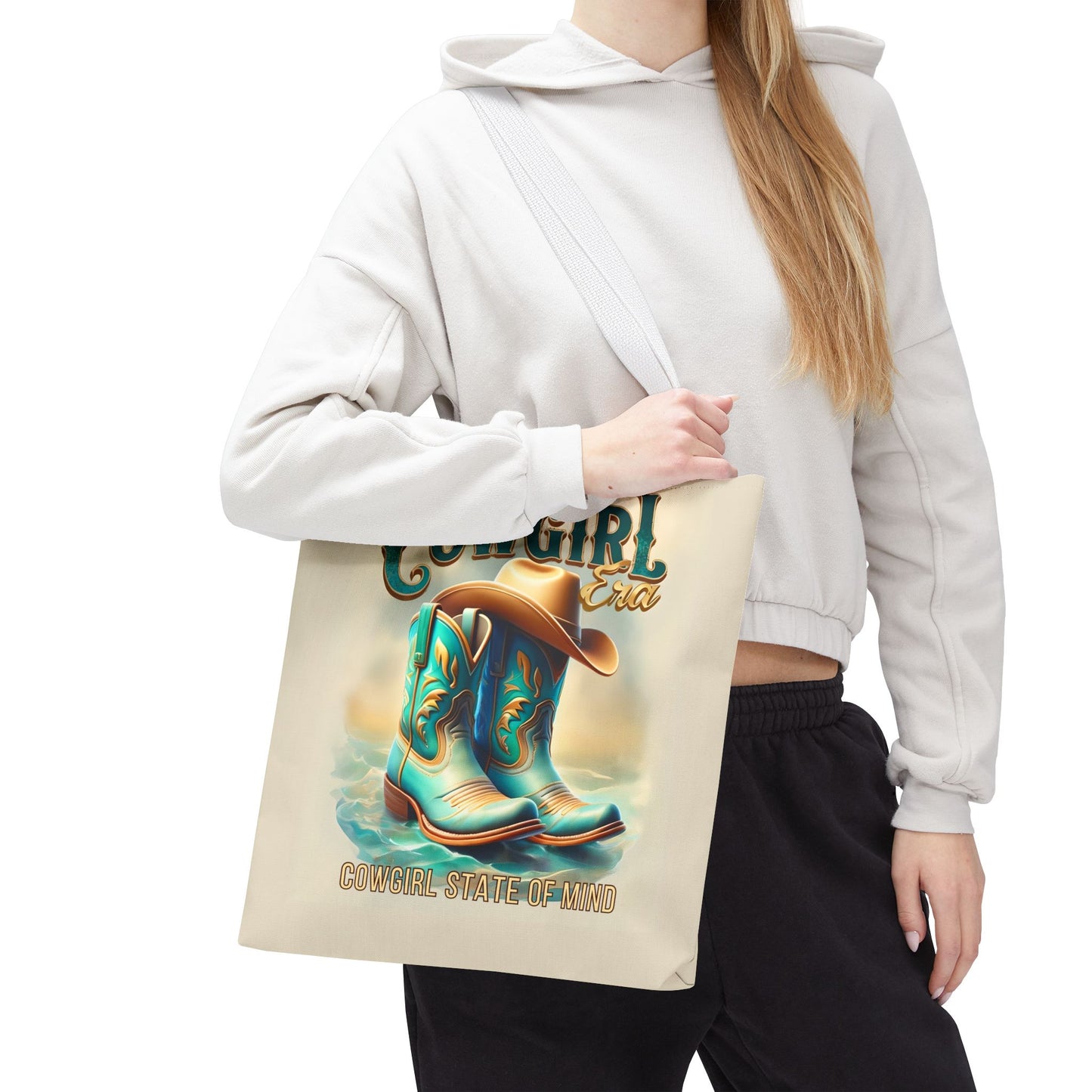 Cowgirl State of Mind Tote Bag – Turquoise and brown cowgirl boots - Cowgirl Era Perfect for Western Lovers and Everyday Use