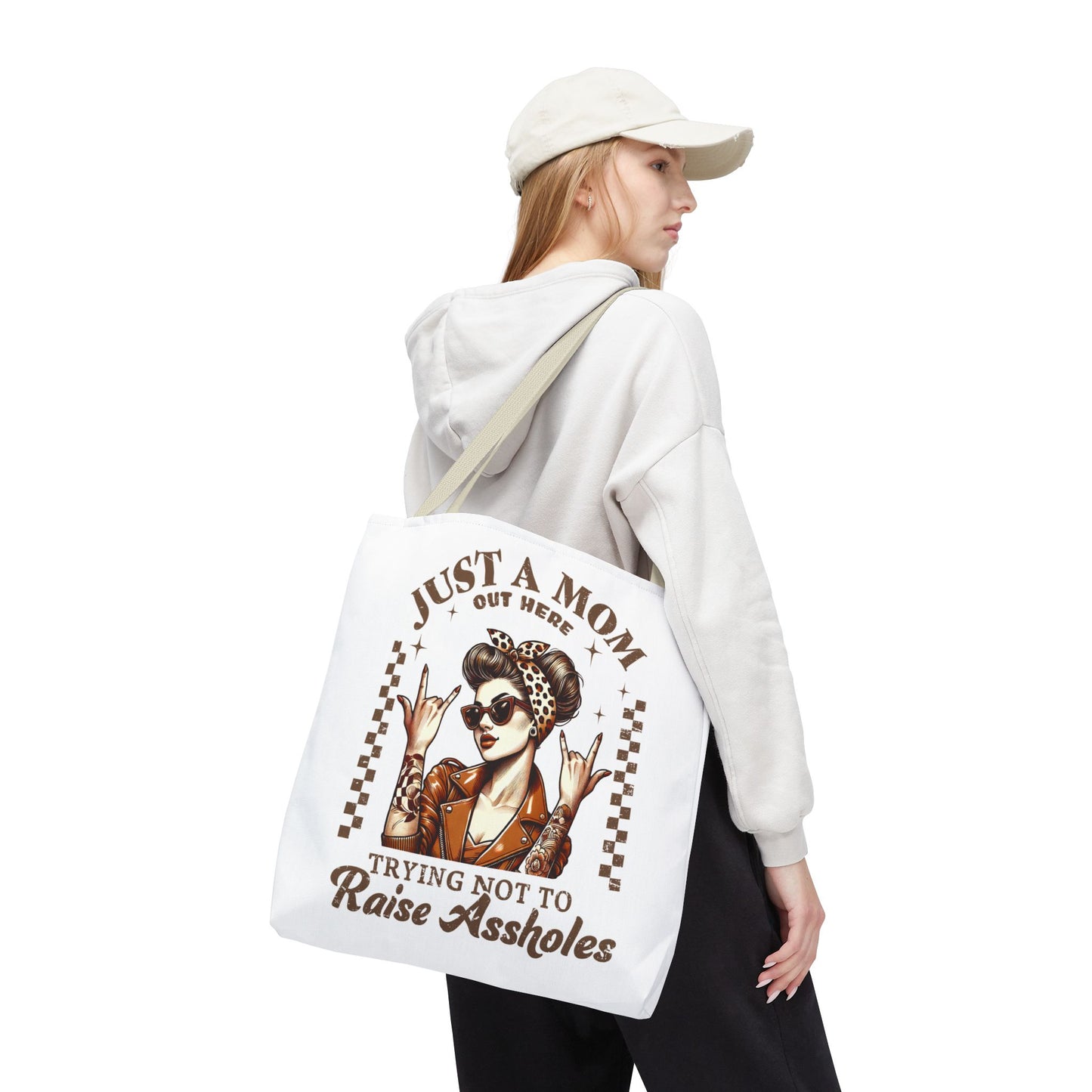 Funny Mom Tote Bag - Just a Mom Trying Not to Raise Assholes - Mother's Day Gift
