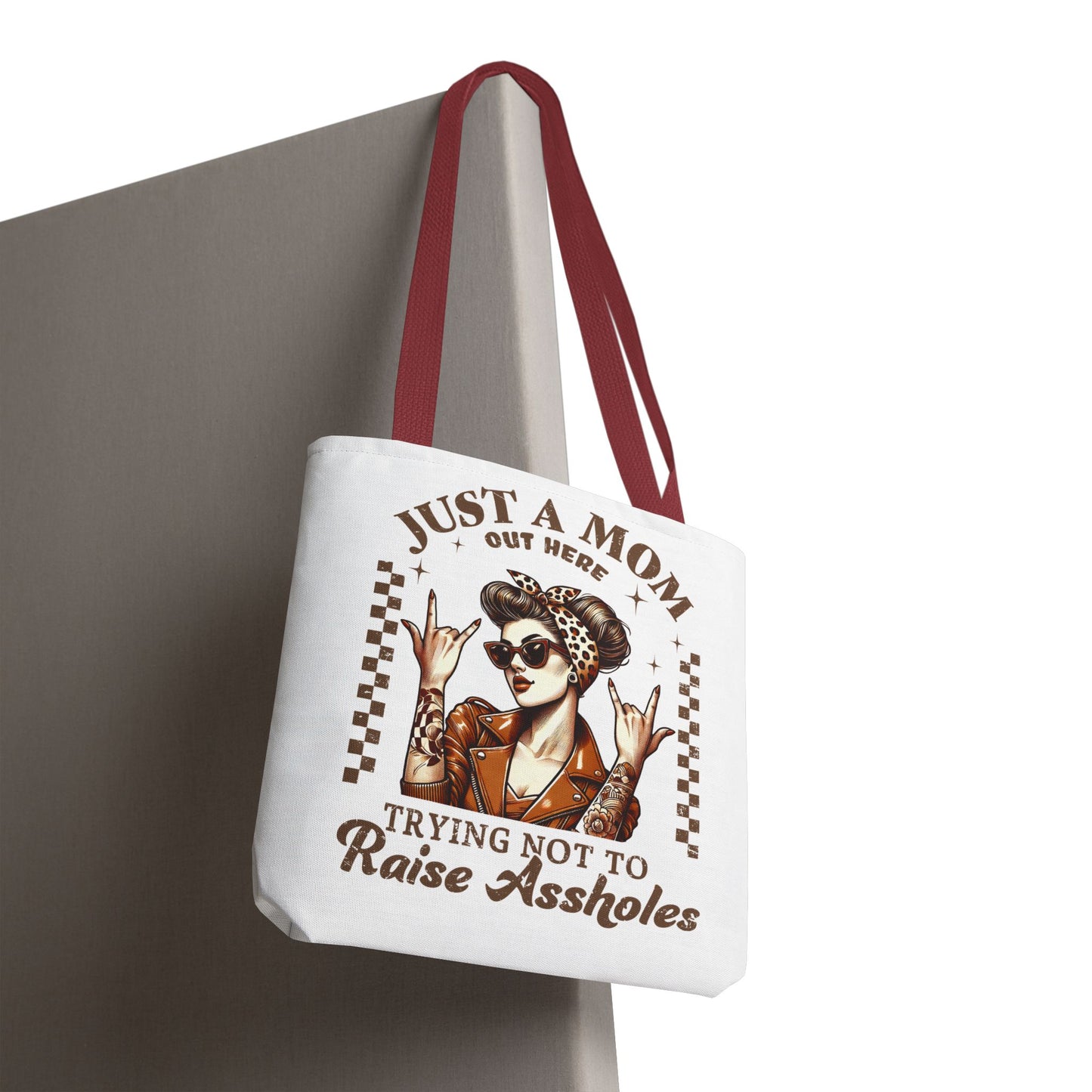 Funny Mom Tote Bag - Just a Mom Trying Not to Raise Assholes - Mother's Day Gift