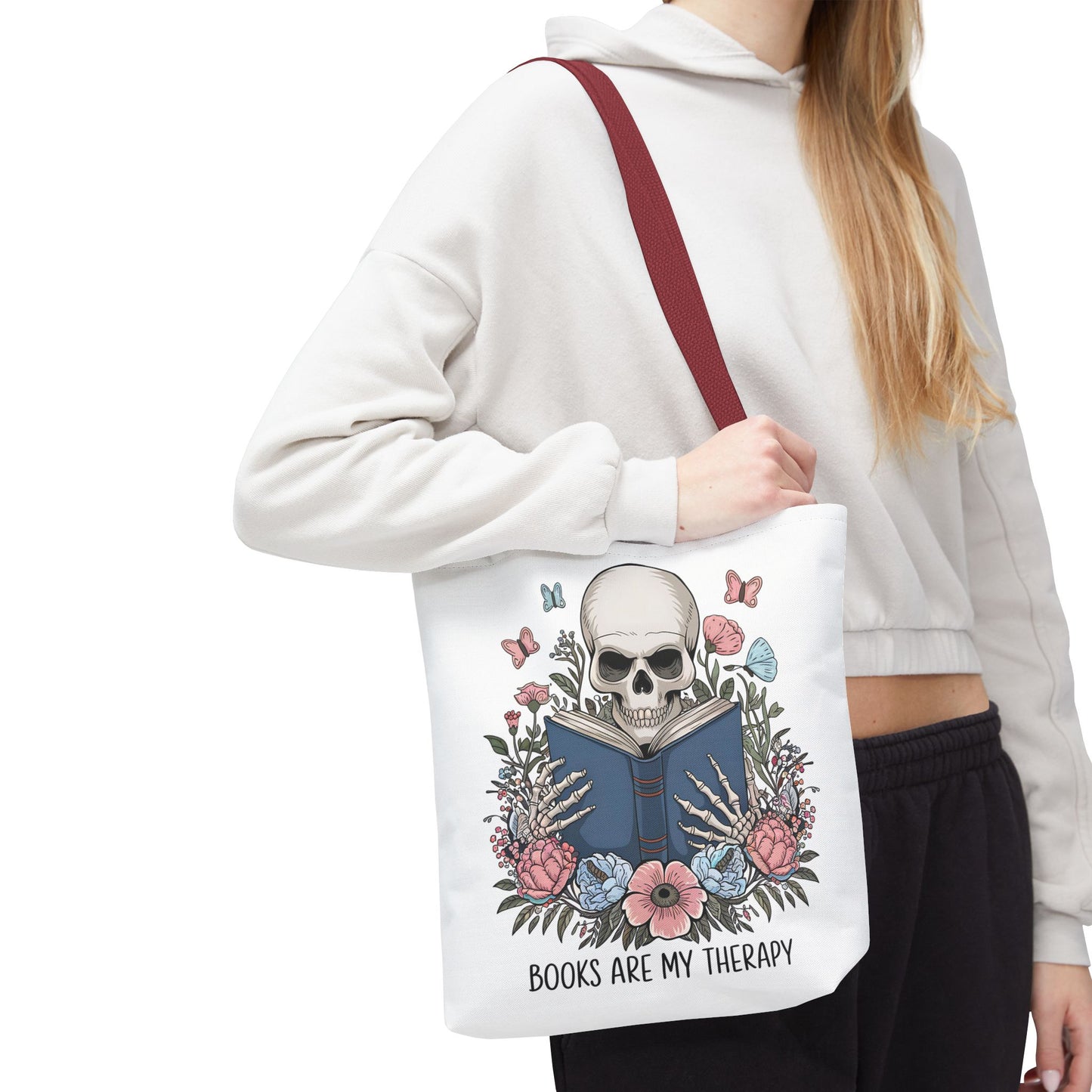 Books Are My Therapy- Skeleton Floral Tote Bag - Perfect Gift for Book Lovers