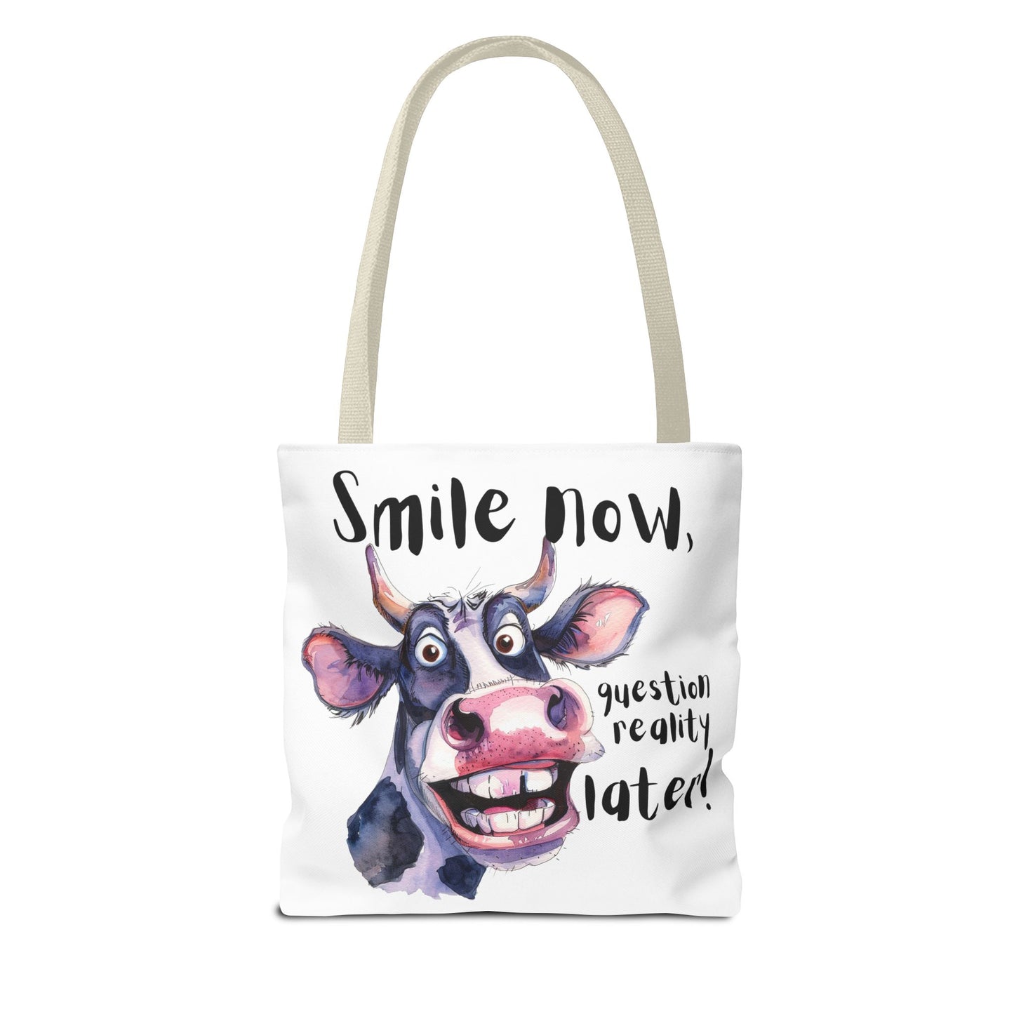 Funny Cow Tote Bag - 'Smile Now, Question Reality Later!' - Great Gift Idea, Mother's Day Gift