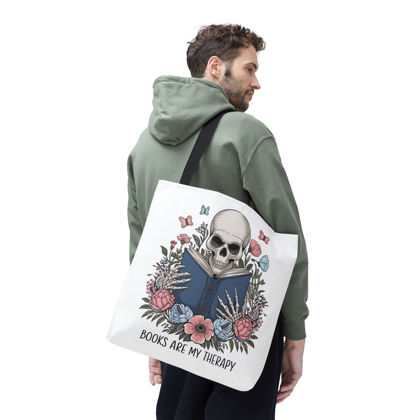 Books Are My Therapy- Skeleton Floral Tote Bag - Perfect Gift for Book Lovers