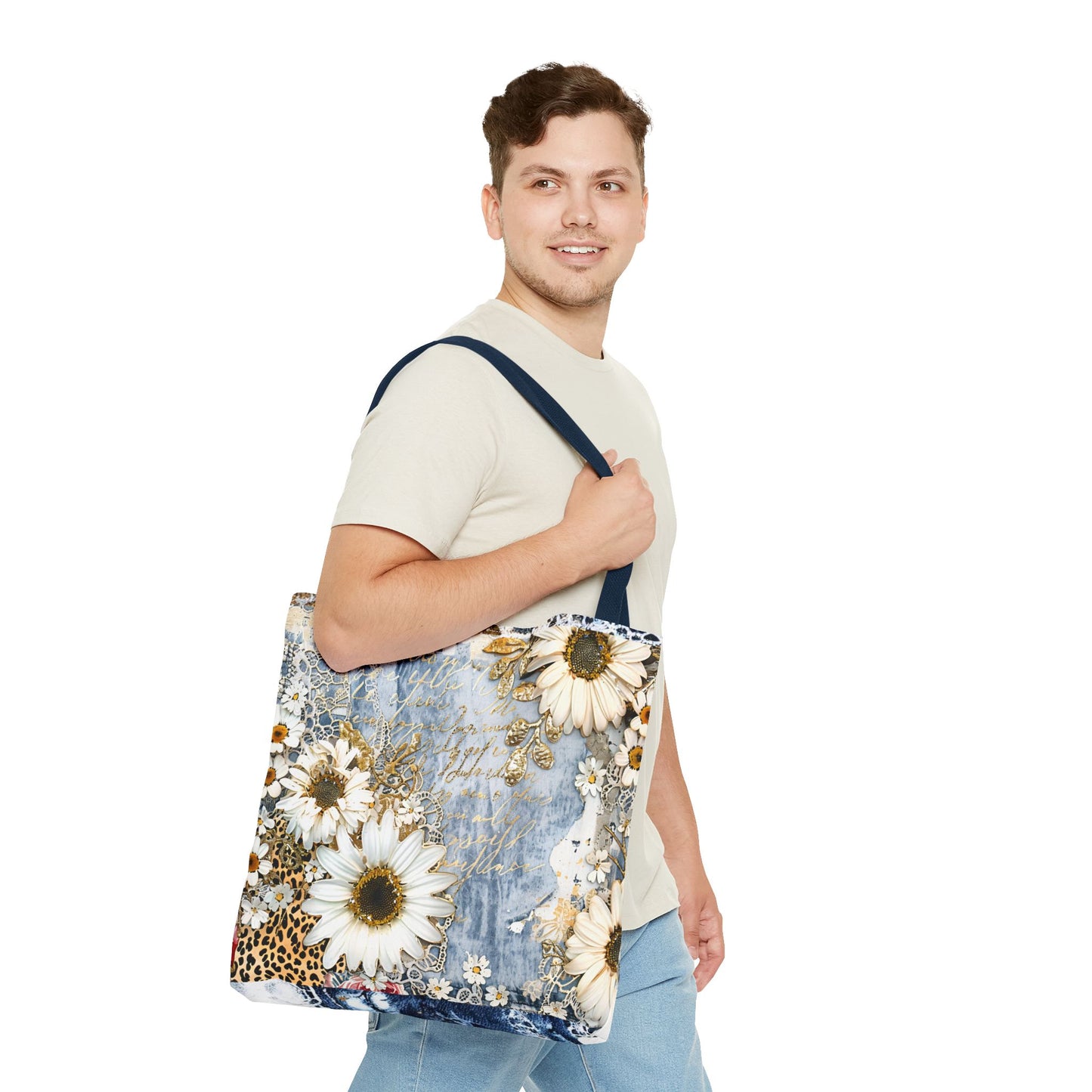 Chic Floral (Daisies and Sunflowers) Tote Bag with Leopard, Denim, and Lace Print - Stylish Everyday Accessory
