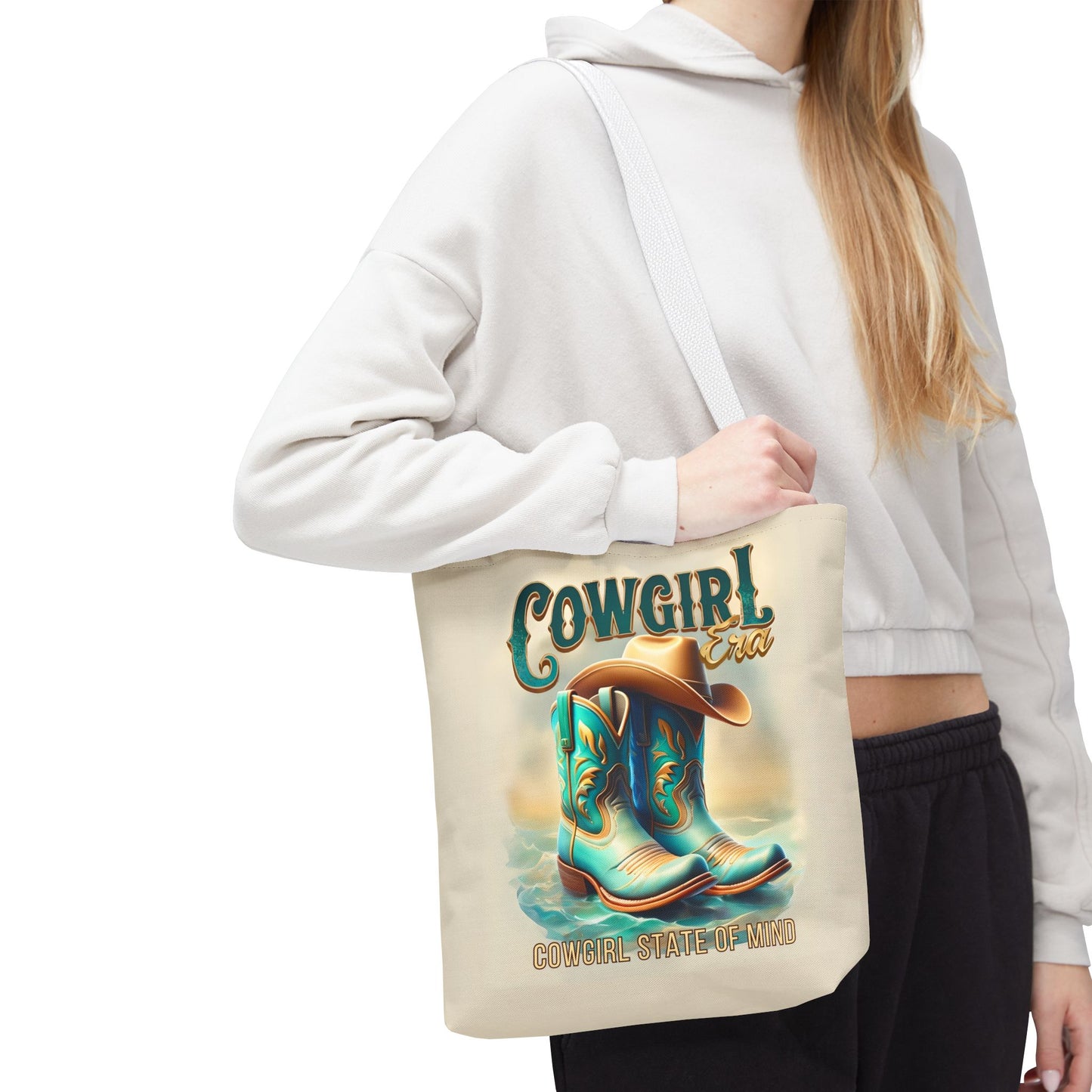 Cowgirl State of Mind Tote Bag – Turquoise and brown cowgirl boots - Cowgirl Era Perfect for Western Lovers and Everyday Use