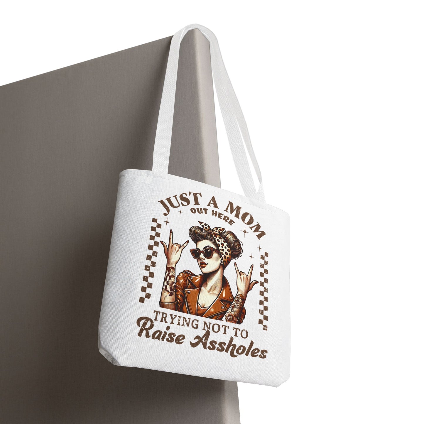 Funny Mom Tote Bag - Just a Mom Trying Not to Raise Assholes - Mother's Day Gift
