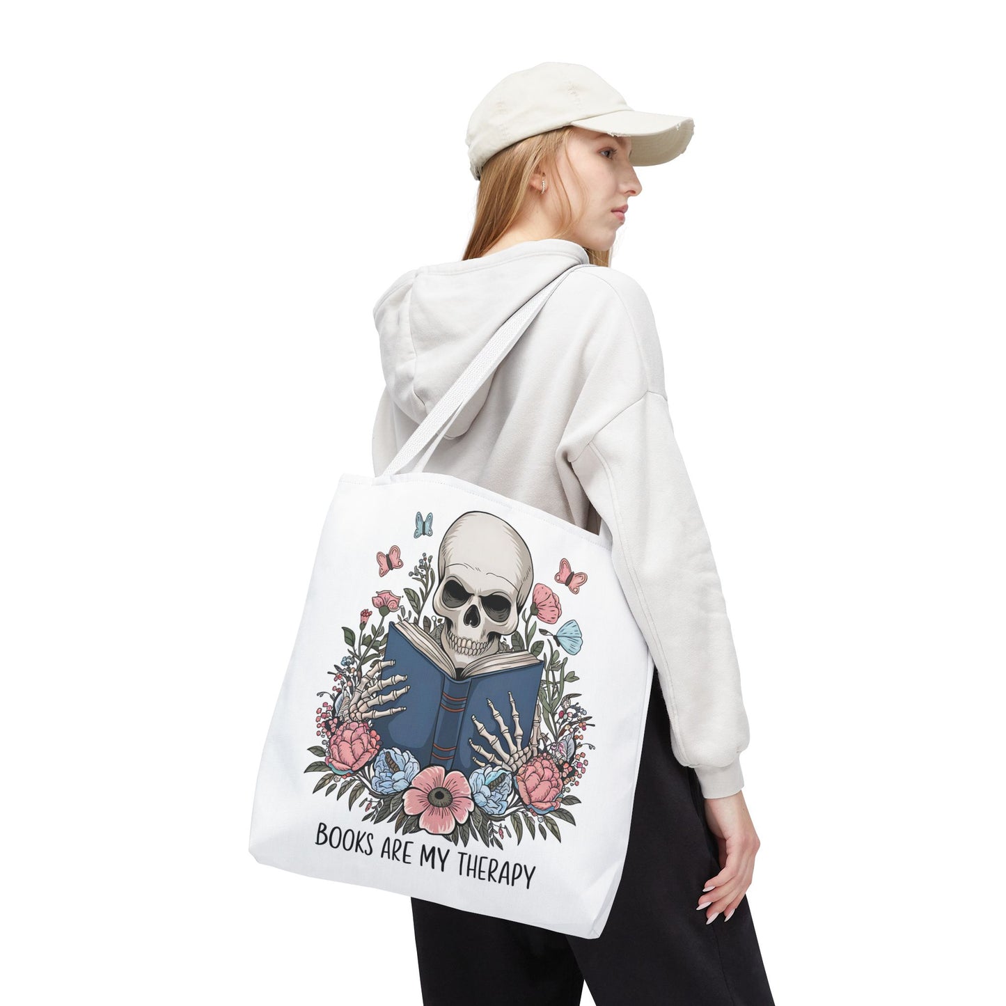 Books Are My Therapy- Skeleton Floral Tote Bag - Perfect Gift for Book Lovers