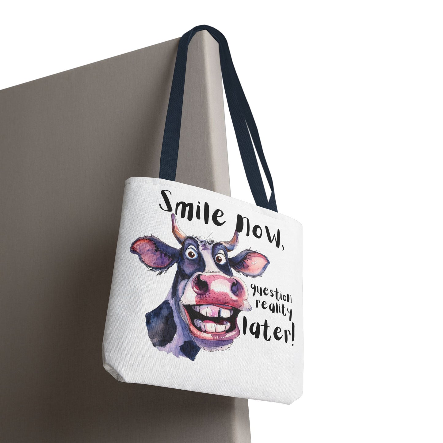 Funny Cow Tote Bag - 'Smile Now, Question Reality Later!' - Great Gift Idea, Mother's Day Gift